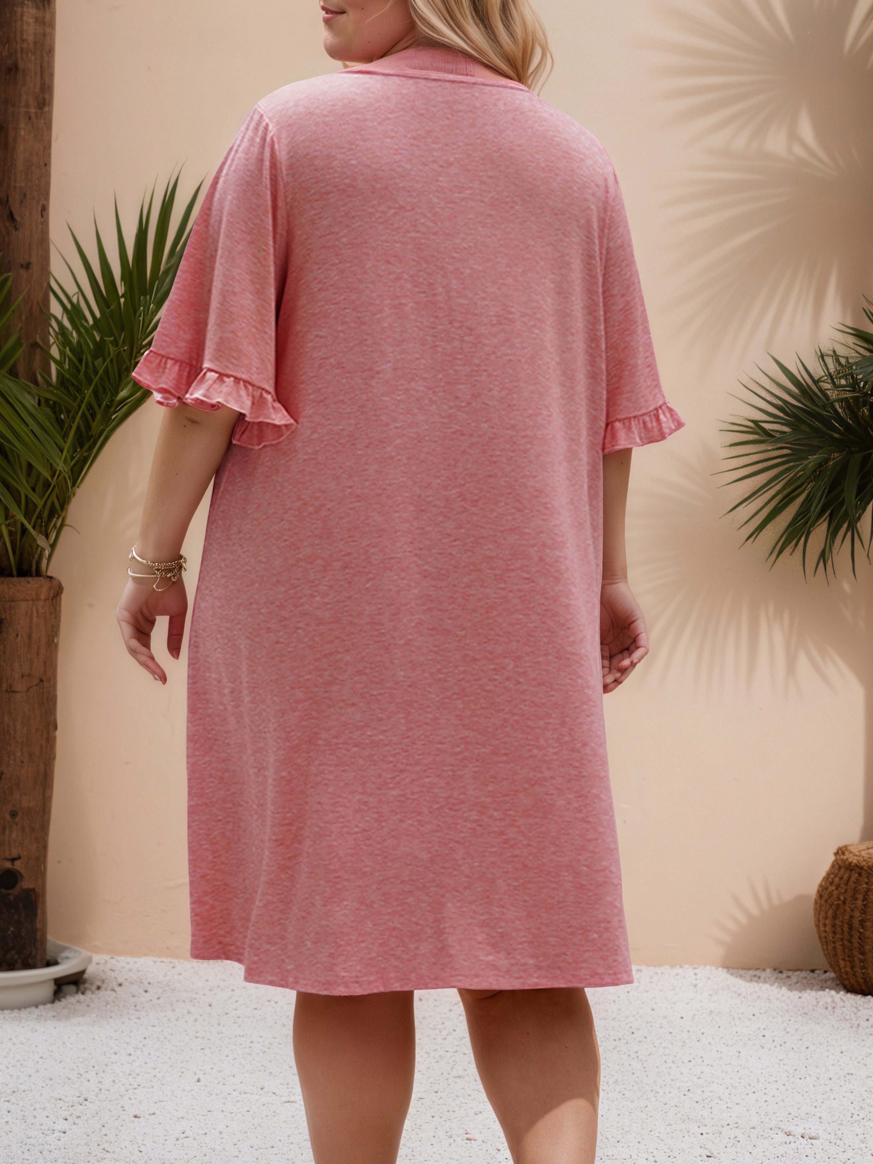 V-Neck Ruffle Sleeves Loose Flamingo Plus Size Dress