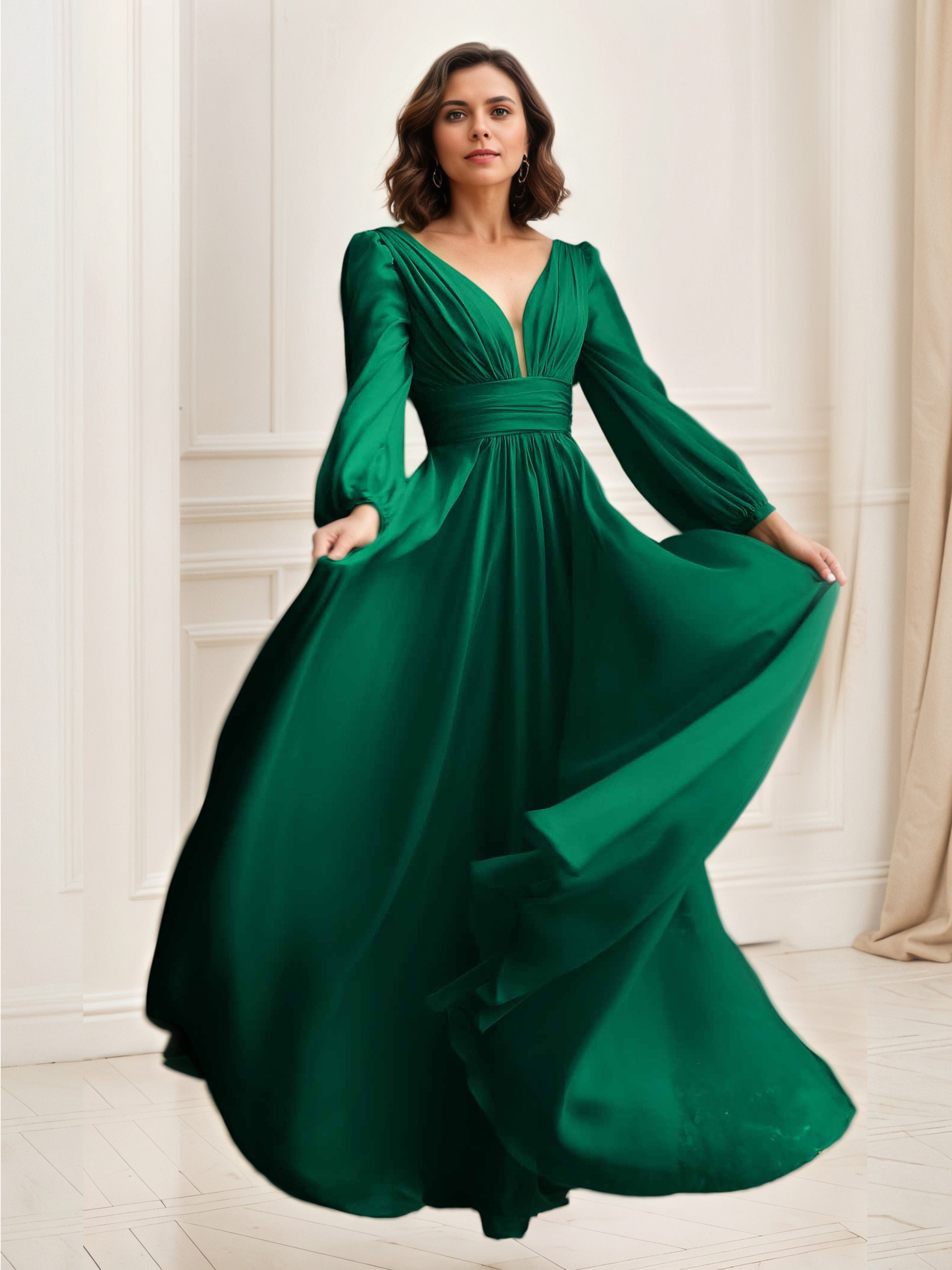Dark Green Prom Dresses Formal Long Sleeve Chiffon Prom Dress