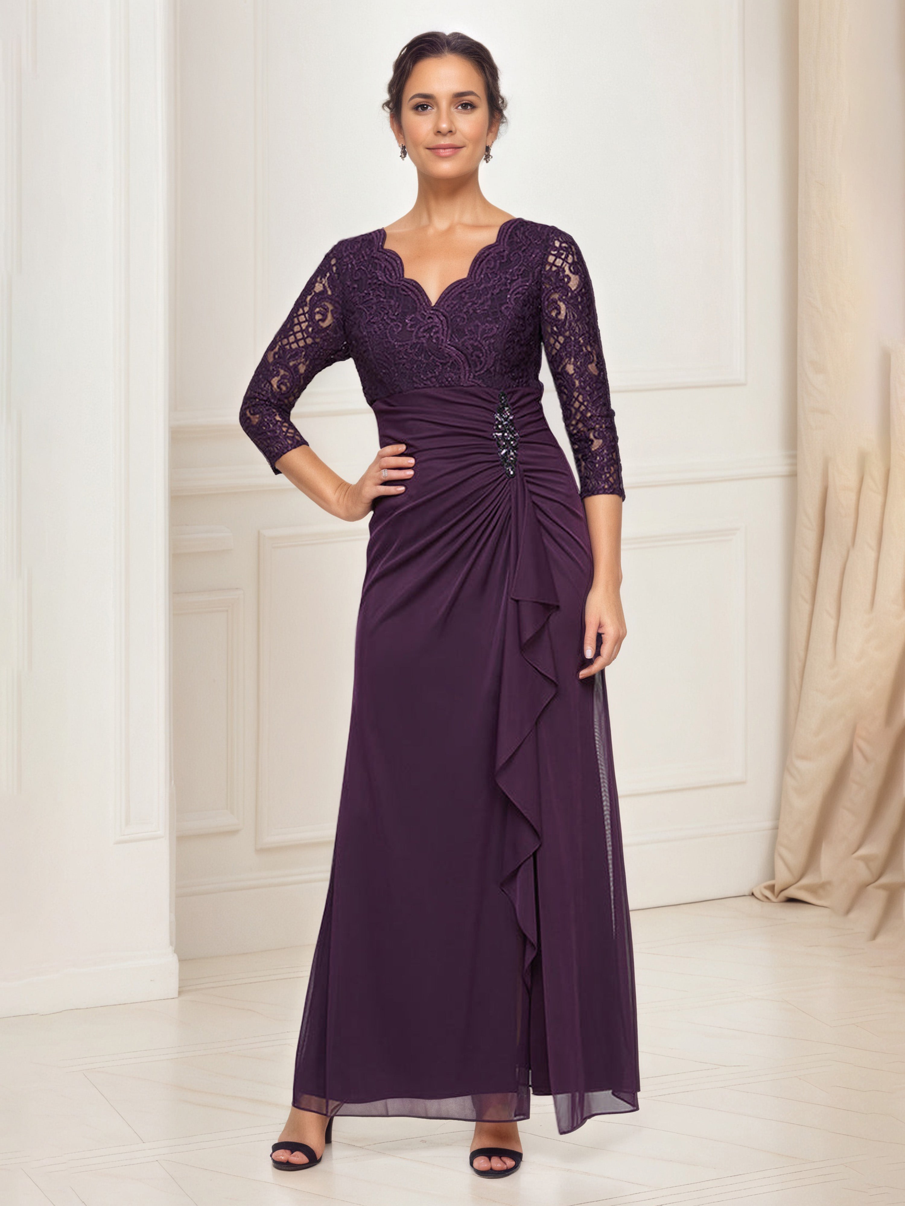 Aubergine Sheath/Column V-Neck Illusion Floor-Length Lace Chiffon Moth