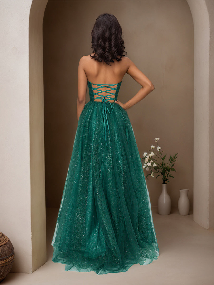 Cicinia Dark Green Prom Dresses Glitter Tulle A-Line Strapless Sweep Train Evening Gowns