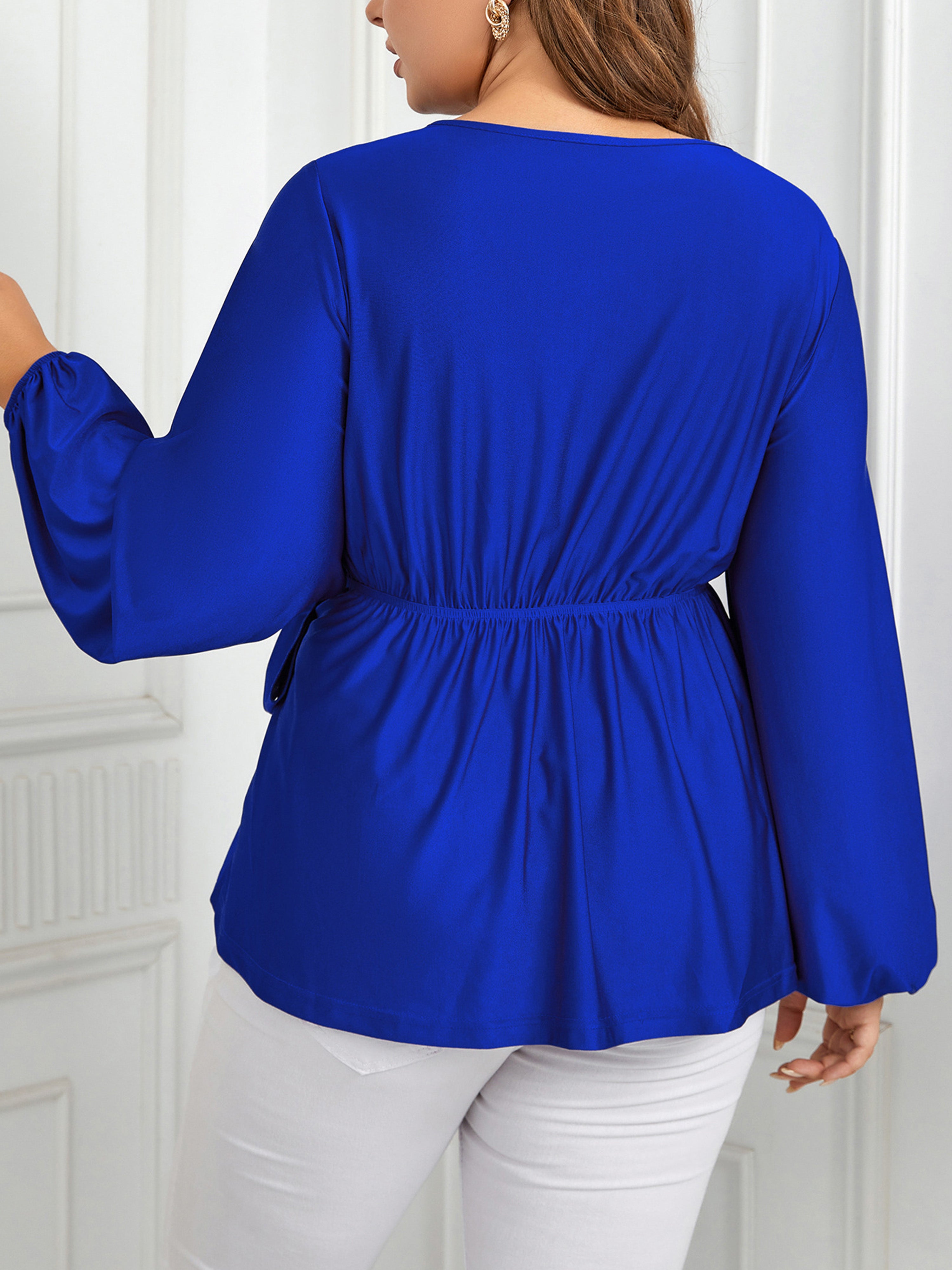 Plus Pleats V-Neck Long Sleeves Knot Hem Blouse Royal Blue