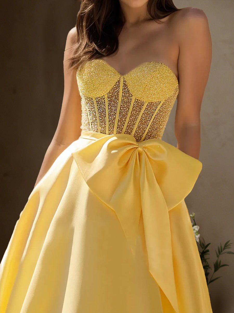 Cicinia Yellow Prom Dresses Satin Sweetheart A-Line Floor Length with Bowknot Beaded Gowns