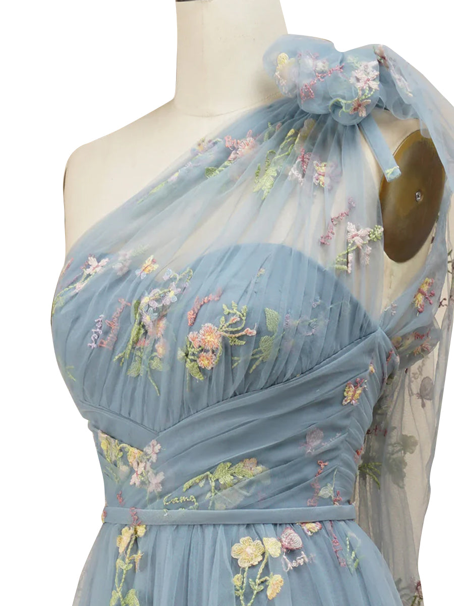 Cicinia Dusty Blue Prom Dresses Lace Tulle A-Line Sleeveless One Shoulder Long Evening Gown