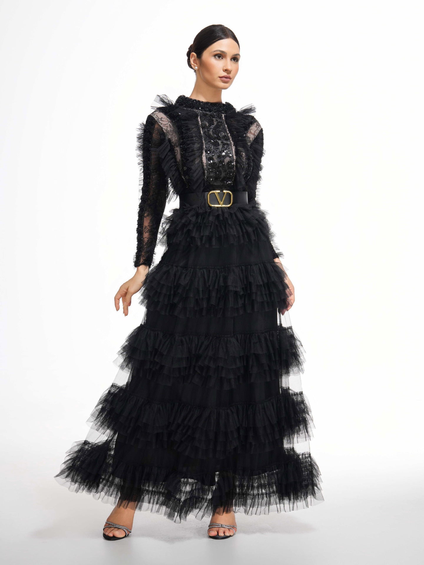 Elegant High Neck Sleeves Layers Prom Dress With Belt