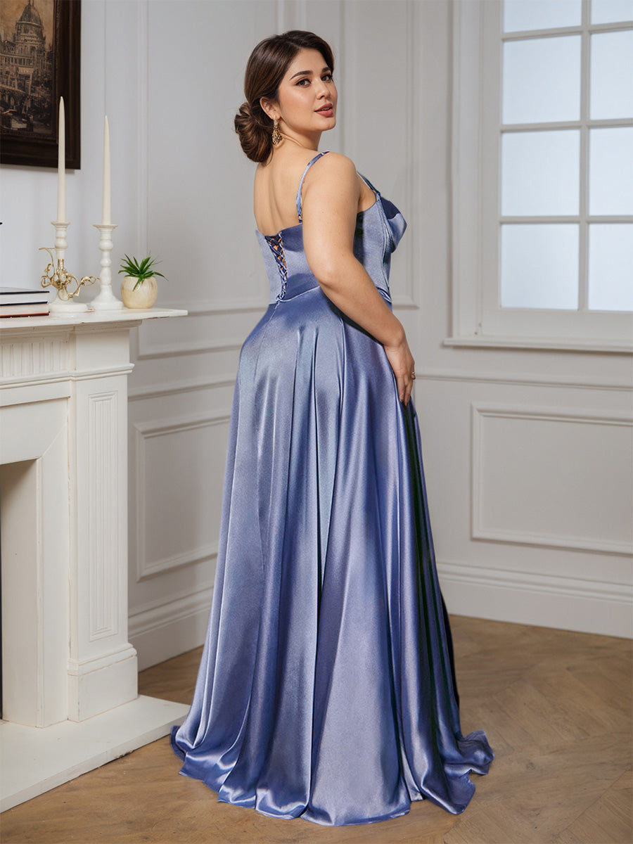 Cicinia Navy Blue Prom Dresses Soft Satin Spaghetti Straps A-Line Long Evening Dress