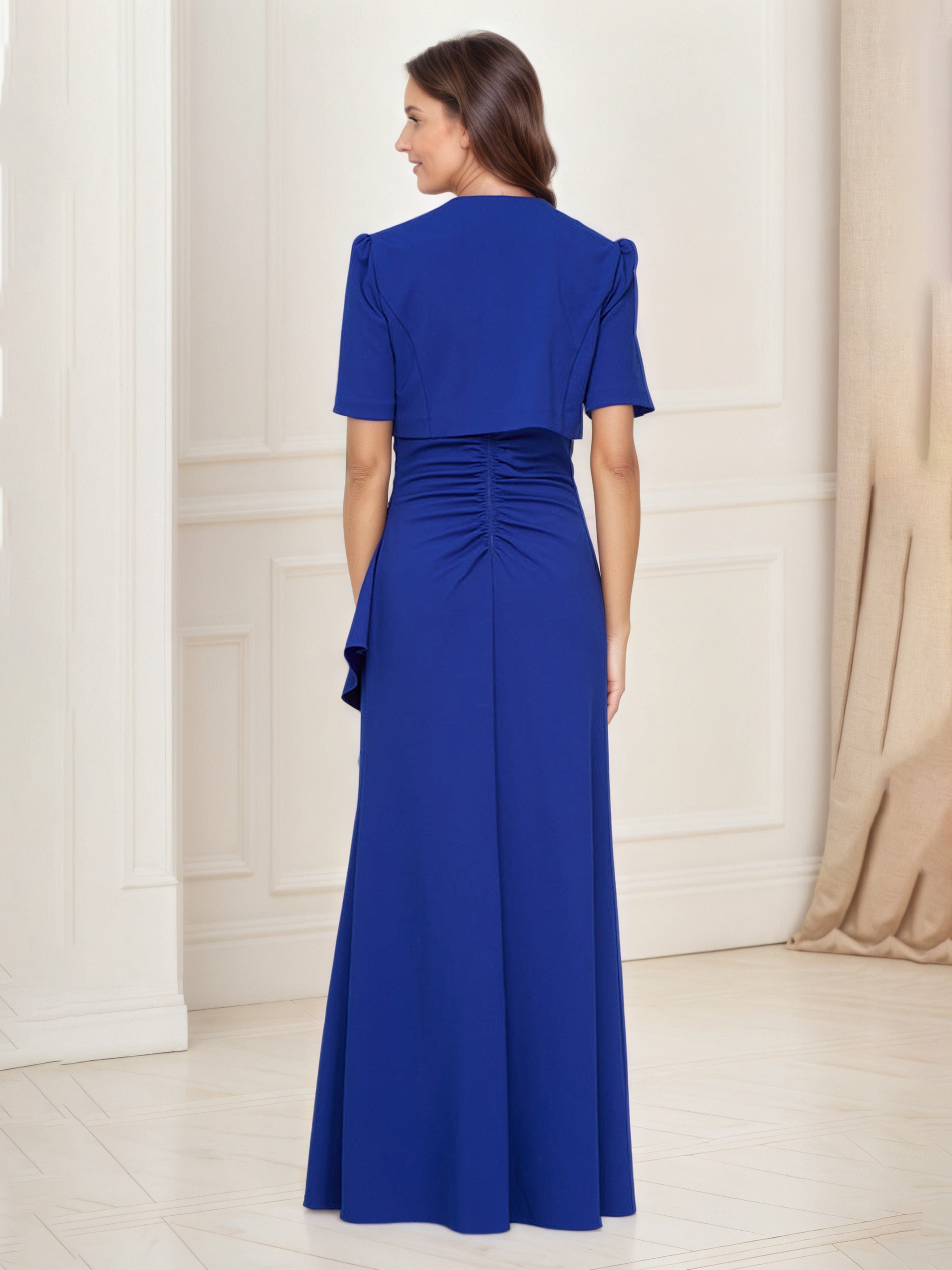 Royal Blue Dress Square Neck Embellished Sheath Ruffles Mother Of The Bride Dress with Jacket