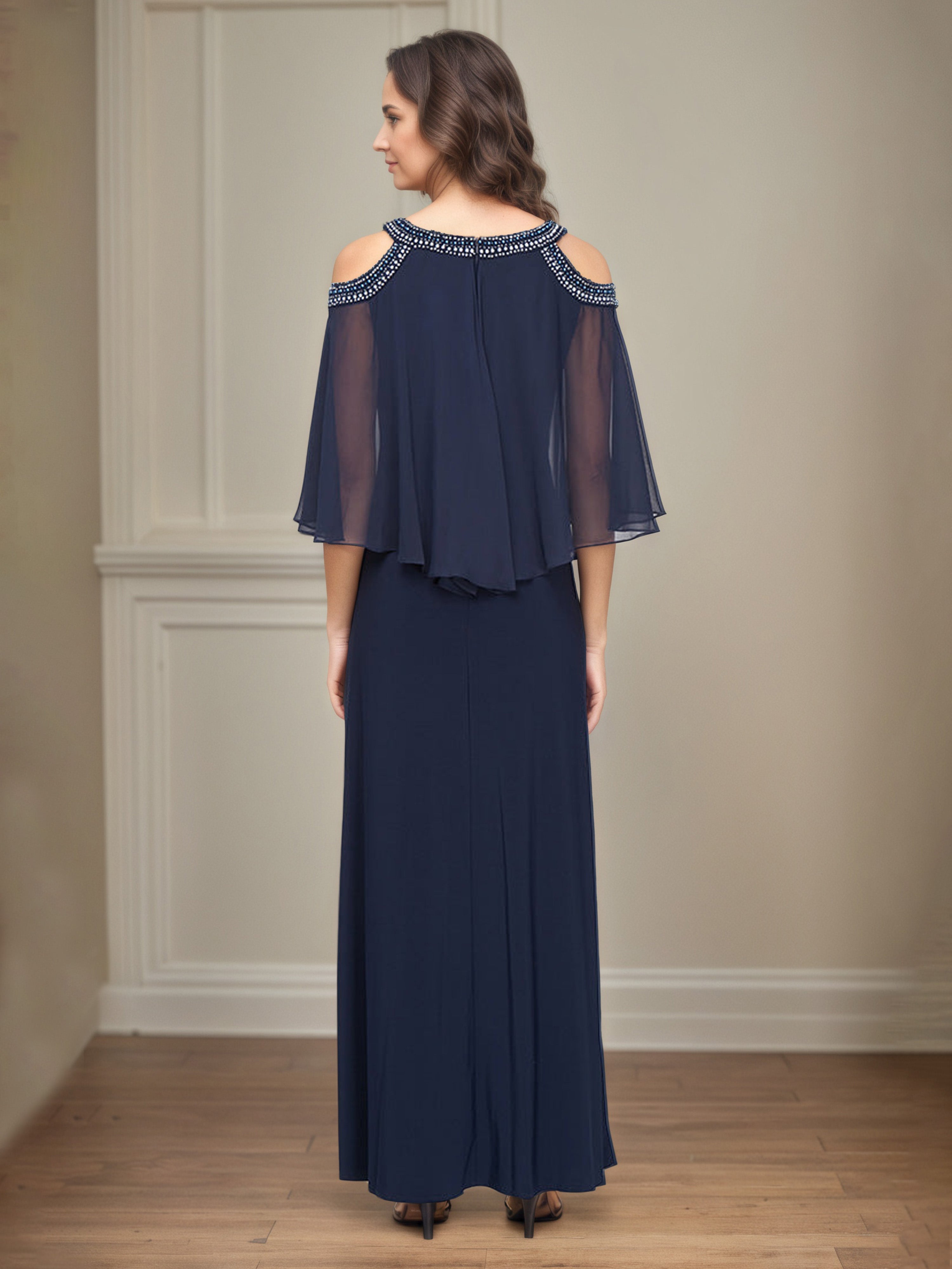 Cold Shoulder with Beaded Neckline Chiffon Gown Dark Navy Mother Of The Bride Dress