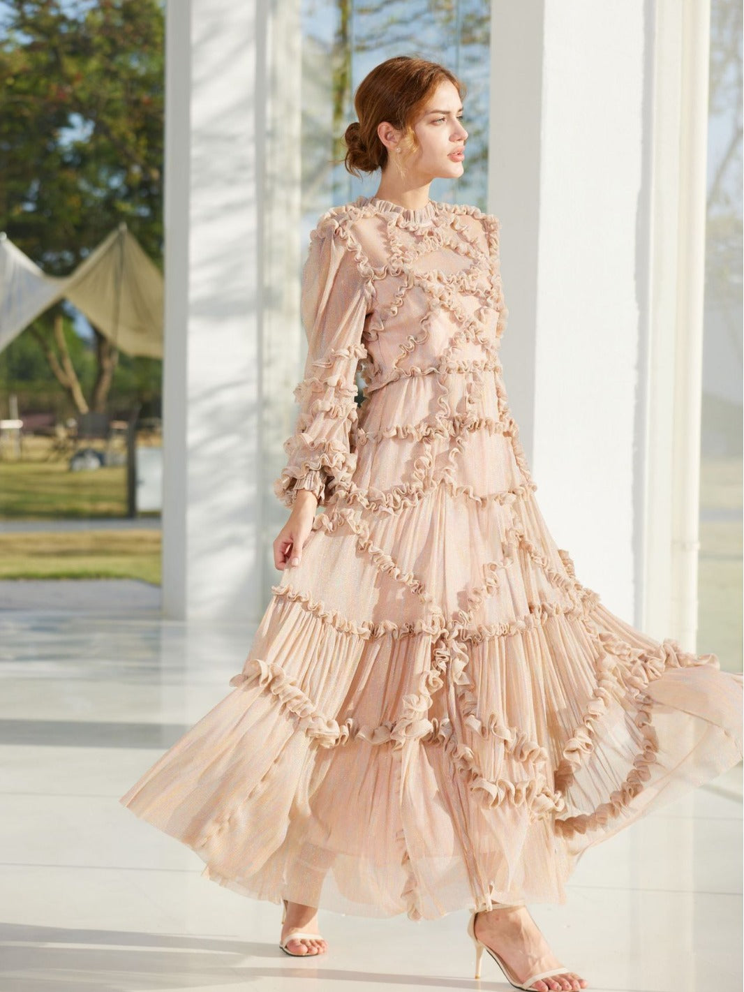 Shiny Amber Ruffle Long Sleeves Maxi Prom Dress