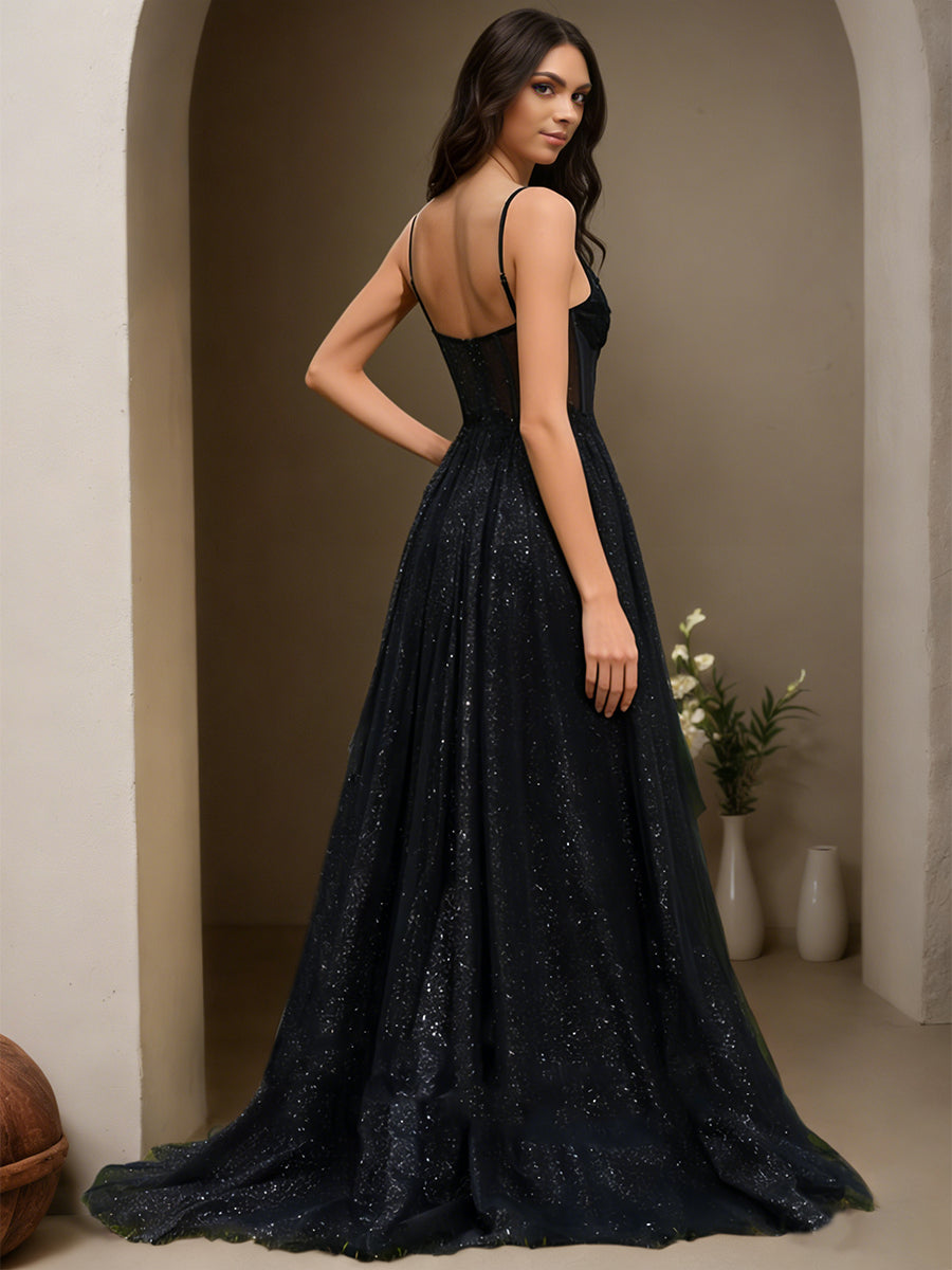 Cicinia Black Prom Dresses Glitter Tulle A-Line Spaghetti Straps Sweep Train Slit Evening Gown