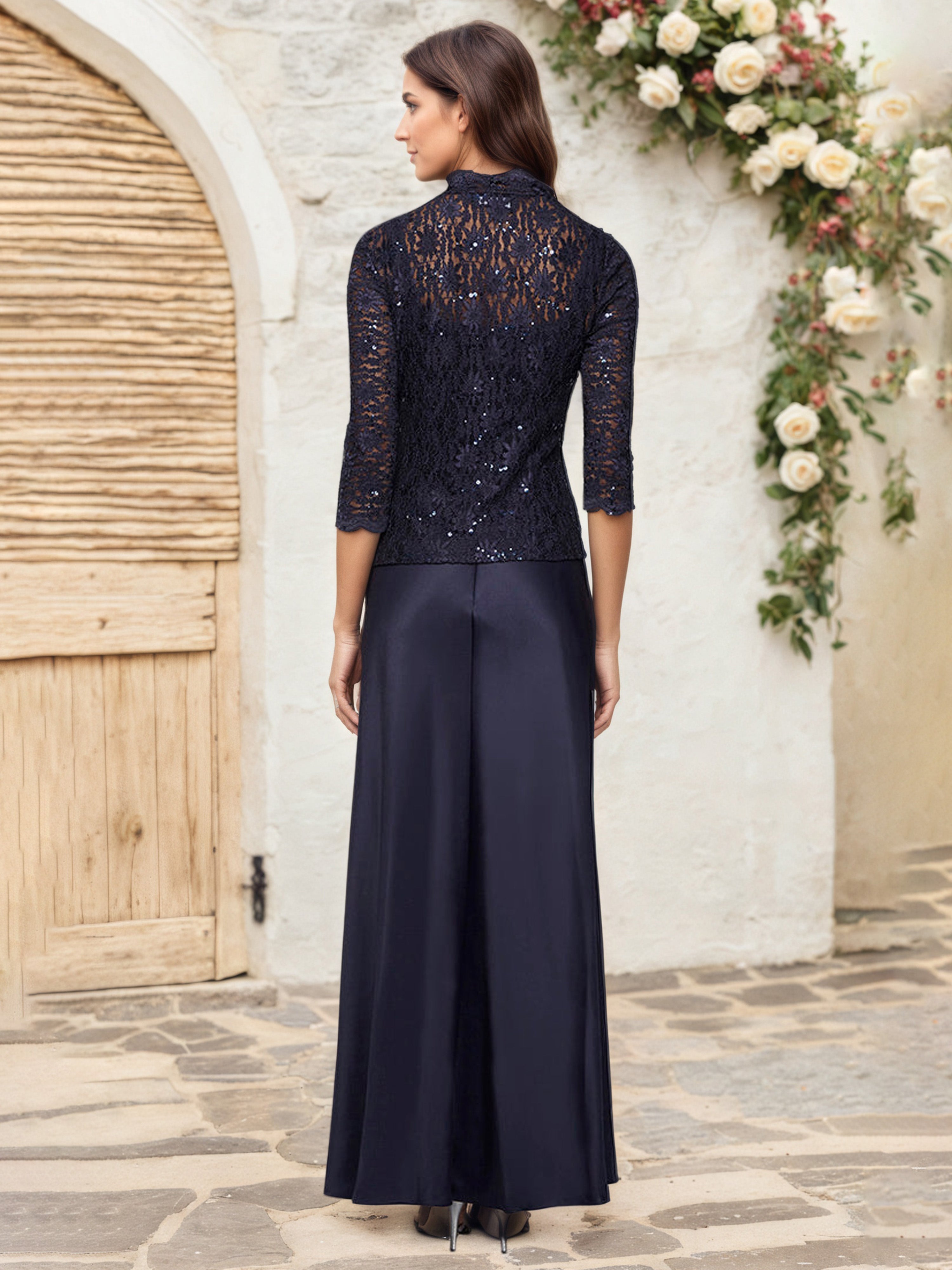 A line Sleeves Stretch Satin Long 2 Pieces Dark Navy Mother Of The Bride Dresses Suits