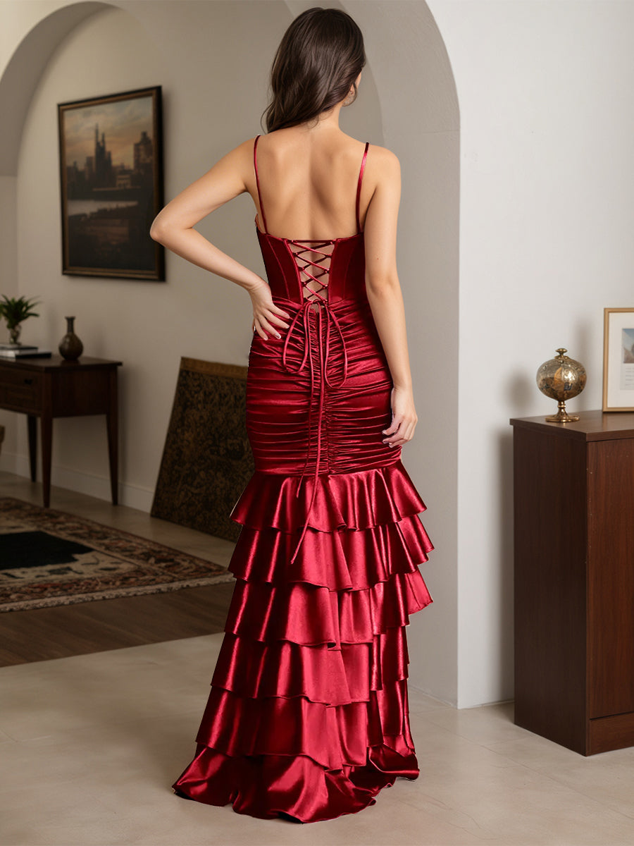 Cicinia Burgundy Prom Dresses Stretch Satin Trumpet/Mermaid Layers Spaghetti Straps Gowns