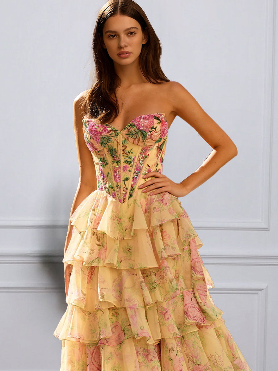 Cicinia Yellow Floral Prom Dress Printed Fabric Strapless Layers with Split A-Line Evening Gowns
