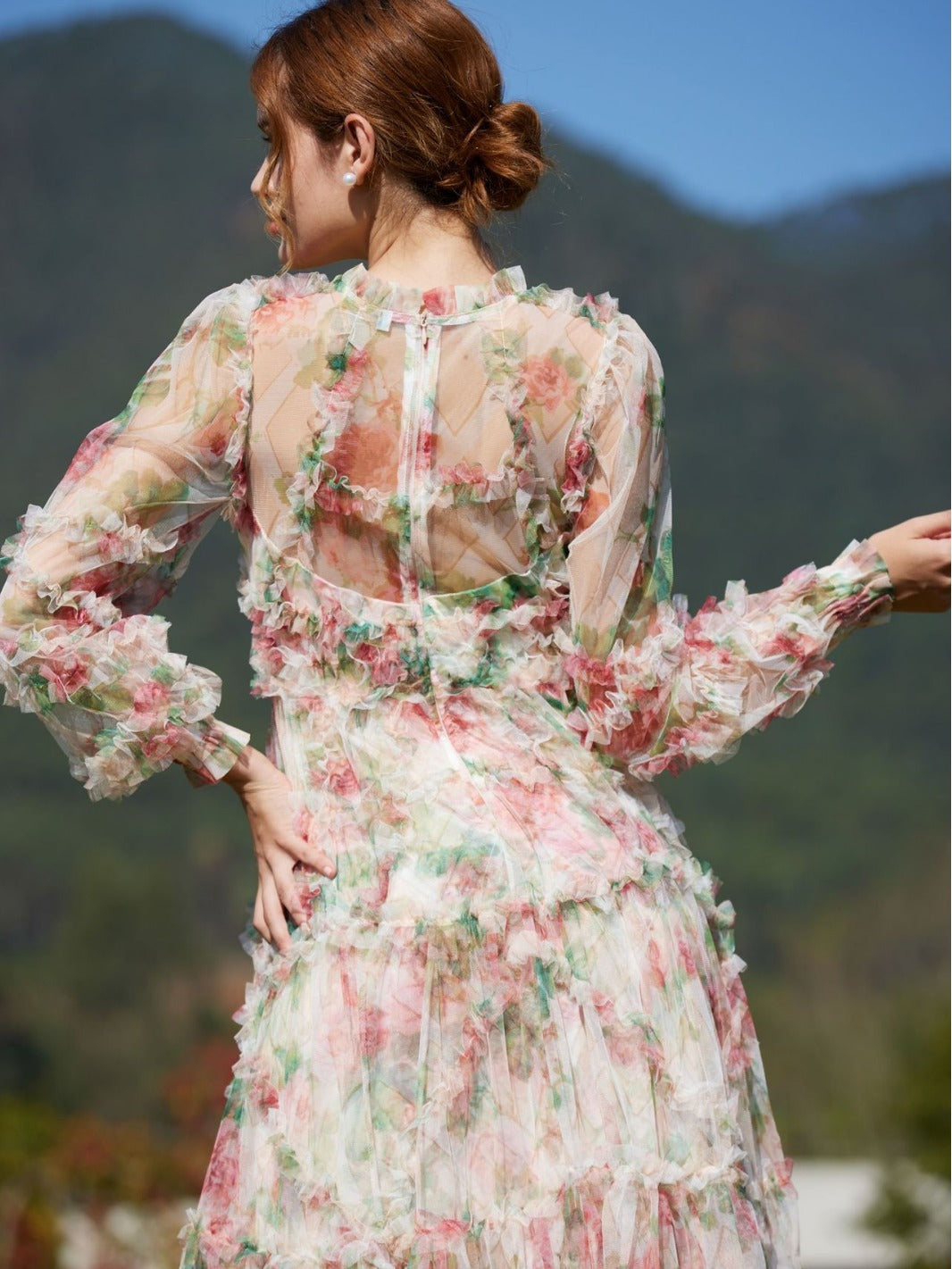 Sweet Floral Printed Long Puffy Sleeve Ruffle Tulle Apricot Prom Dresses