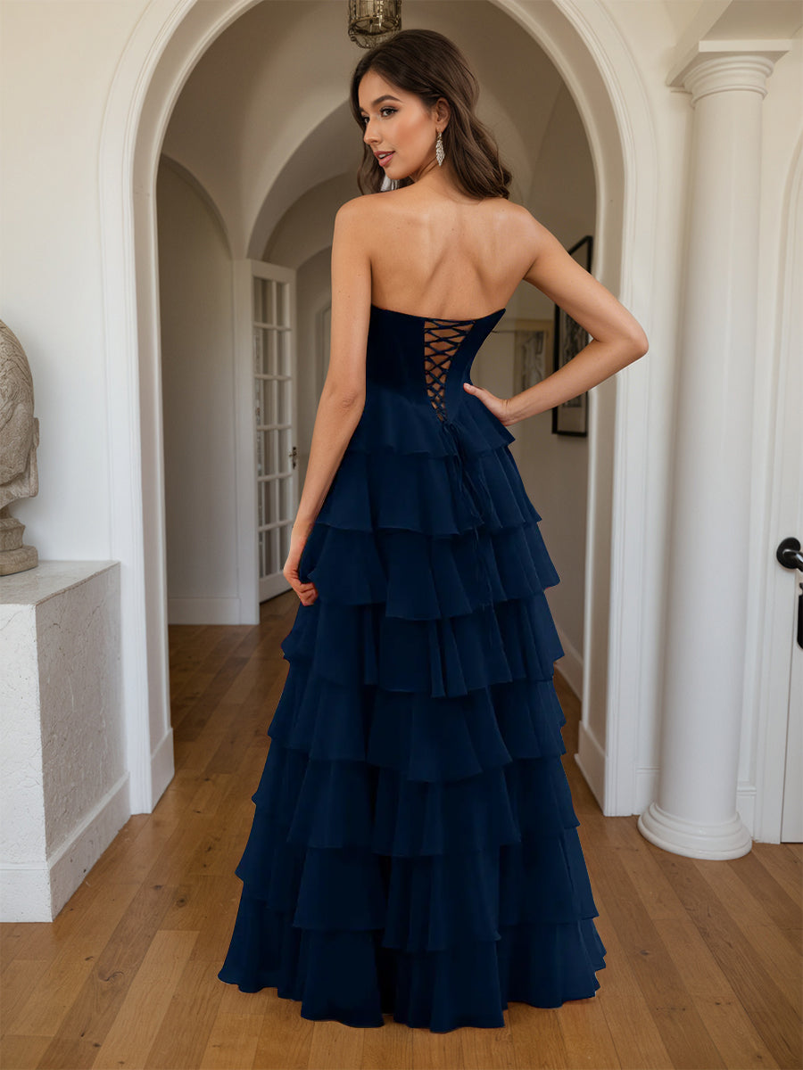 Cicinia Navy Blue Prom Dresses Sweetheart A-Line Layers Floor Length Slit Evening Gowns