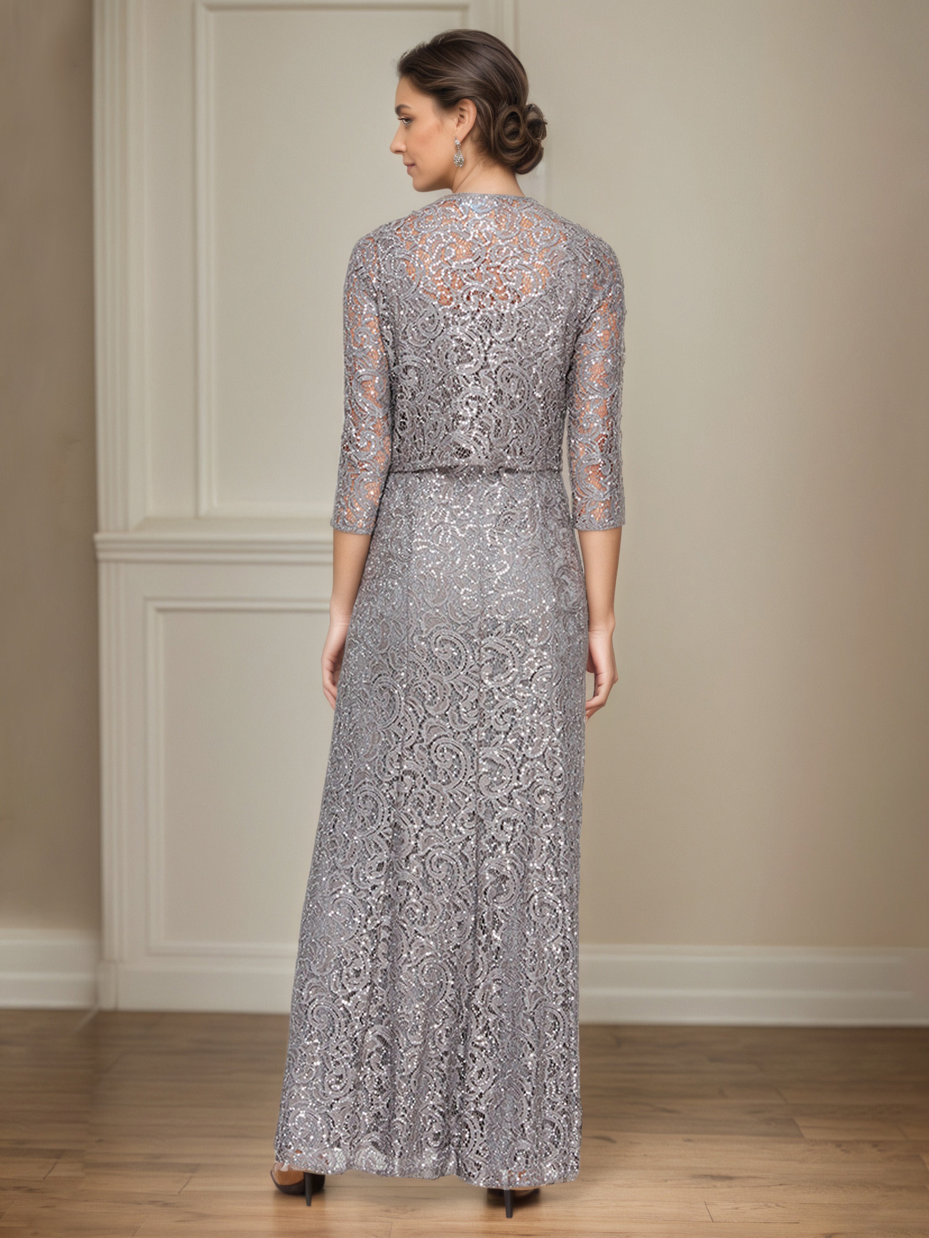 Grey Sequin Lace Long A-Line Mother Of The Bride Dress with 3/4 Sleeve Illusion Jacket