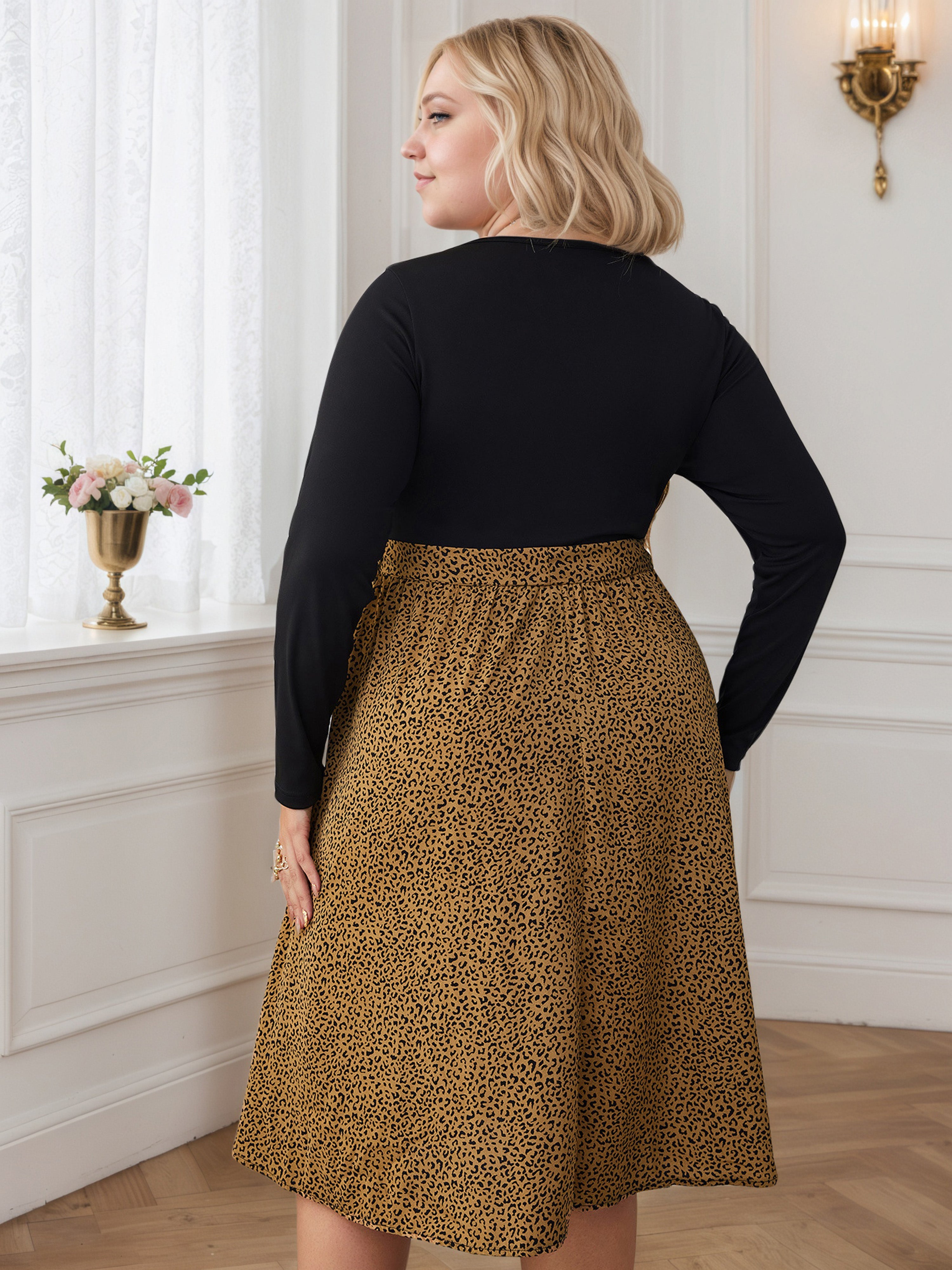 Contrast Leopard Round Neck Plus Size Dress with Belt
