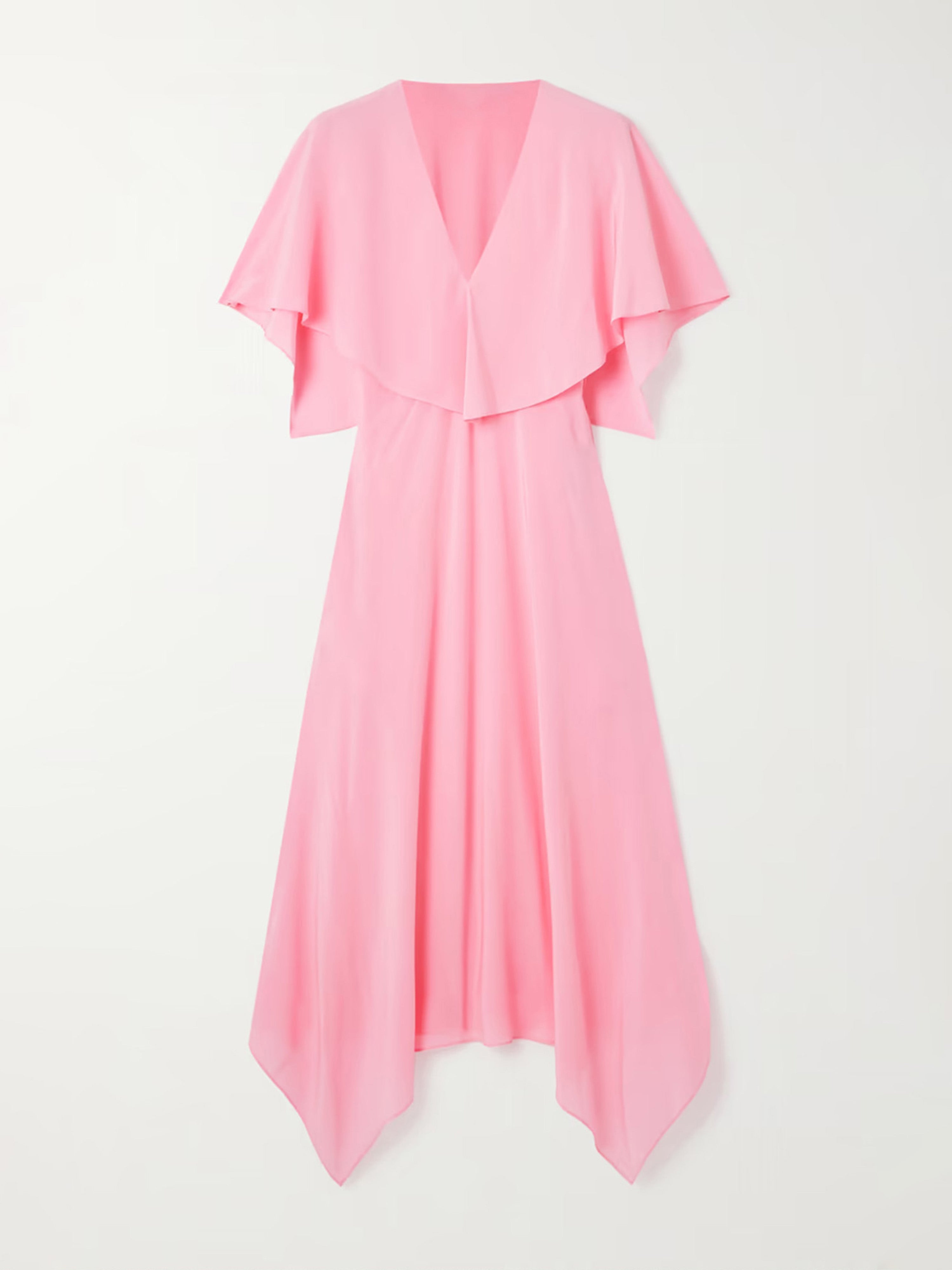 Candy Pink Prom Dresses A Line V Neck Short Sleeves Chiffon Tea Length Prom Dress