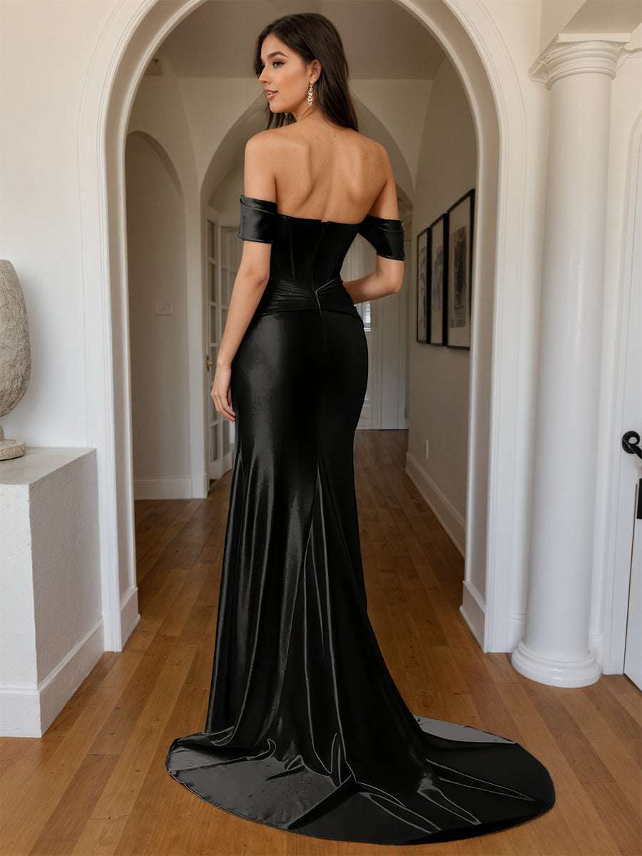 Cicinia Black Prom Dresses Soft Satin Trumpet Off The Shoulder Sweep Train Evening Gowns with Split