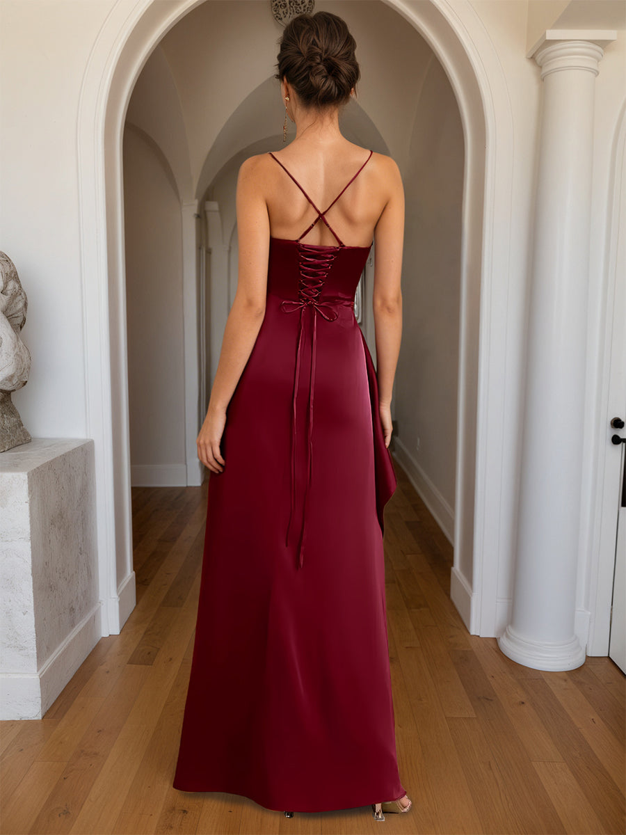 Cicinia Burgundy Prom Dresses Sheath Square Neckline Spaghetti Straps Slit Floor Length Long Prom