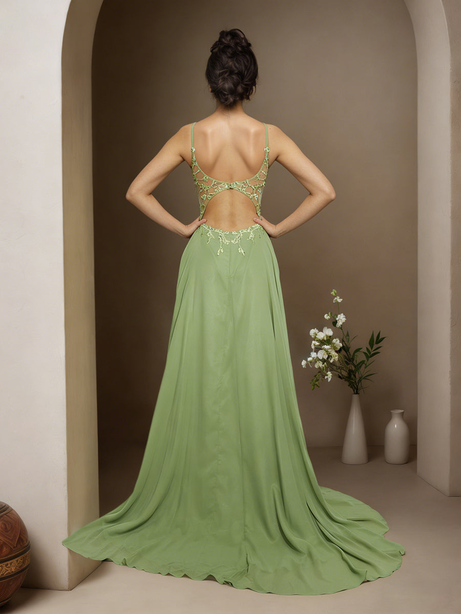 Cicinia Dusty Sage Prom Dresses Chiffon Appliques Lace A-Line Spaghetti Straps Sweep Train Party Dress