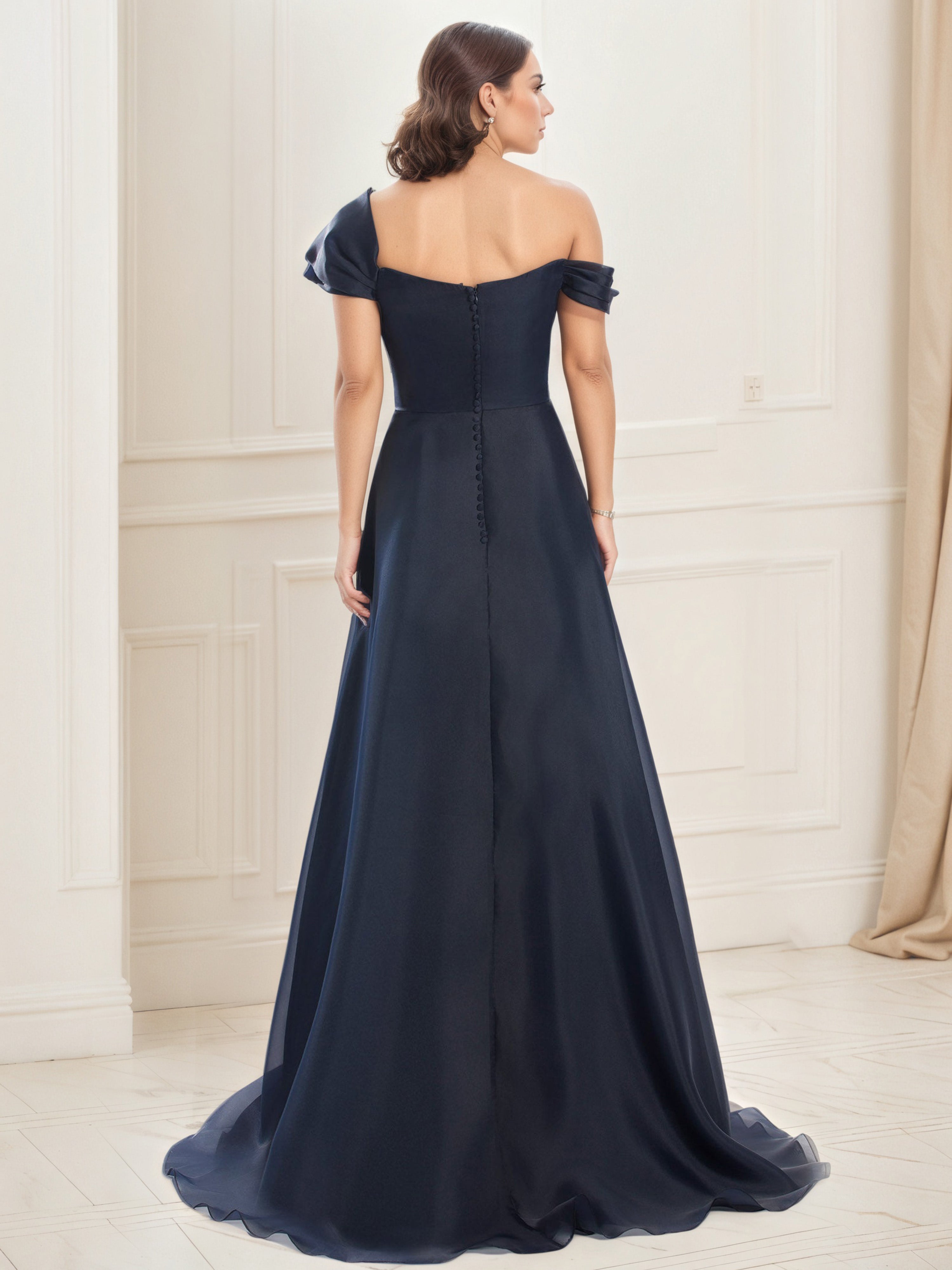 Dark Navy Prom Dresses Embellished One Shoulder Pleated Bodice A-Line Prom Dress