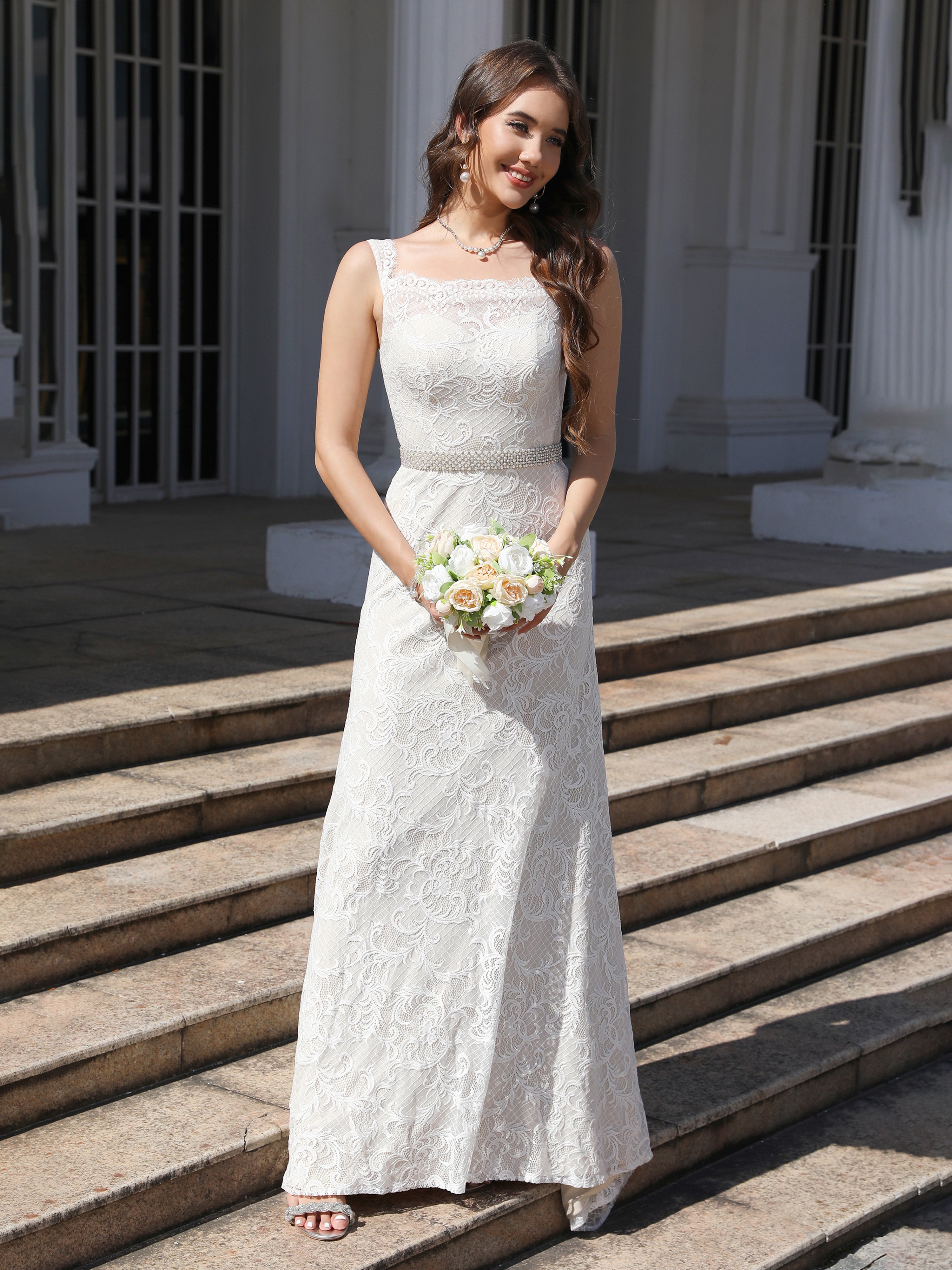 Elegant Square Neckline Lace Sleeveless Sweep/Brush Train Wedding Dress