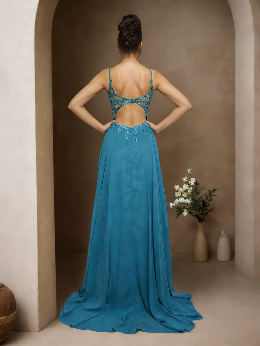 Cicinia Ink Blue Prom Dresses Chiffon Appliques Lace A-Line Spaghetti Straps Sweep Train Party Dress