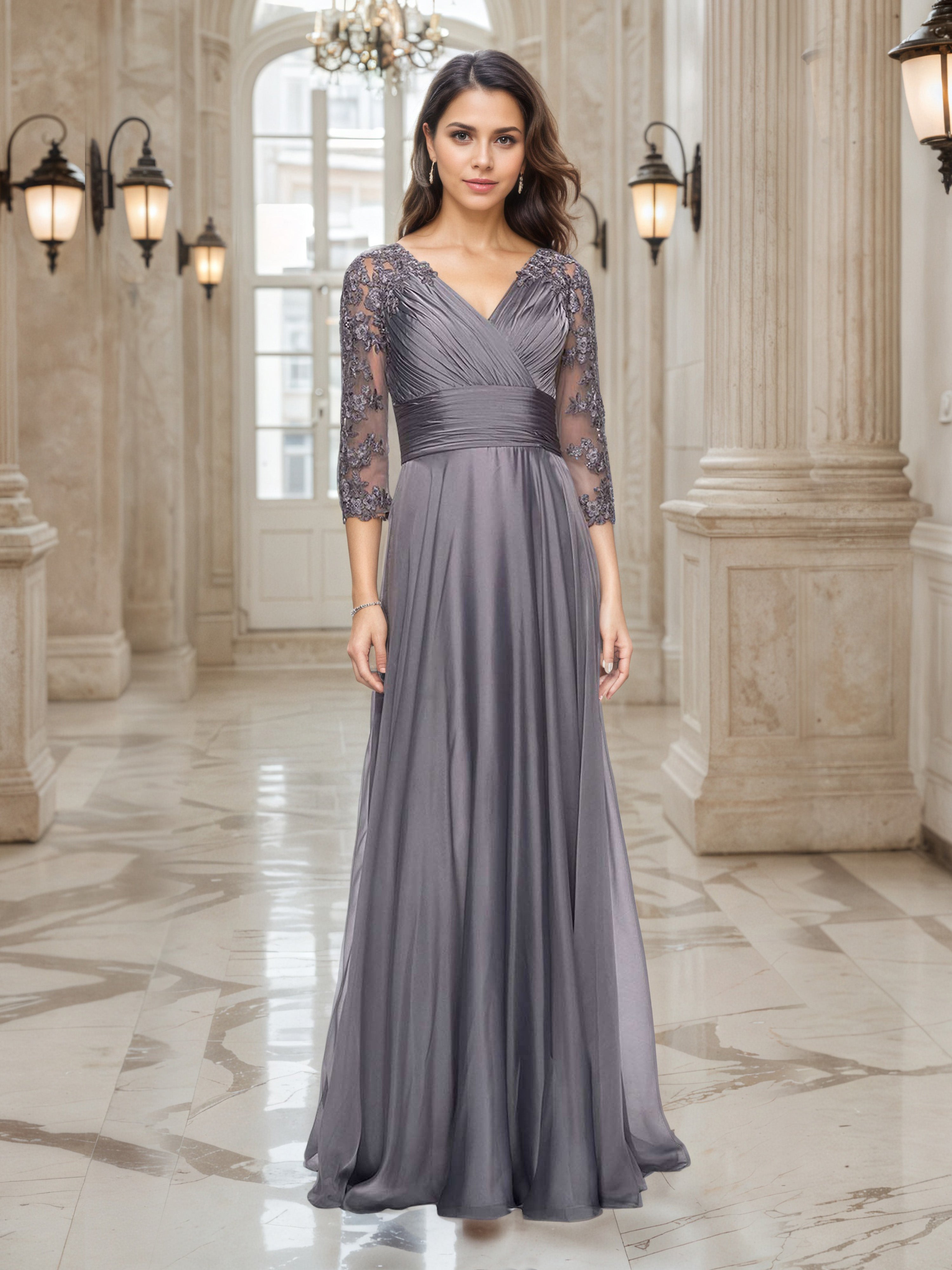 Steel Grey A-Line V-Neck 3/4 Lace Sleeves Sleeves Prom Dress Steel Grey A-Line V-Neck 3/4 Lace Sleeves Sleeves Prom Dress