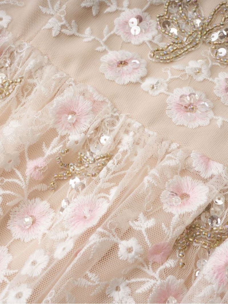 Floral Embroidered Party Dress 3/4 Length Bell Sleeves Tulle Maxi Prom Dress