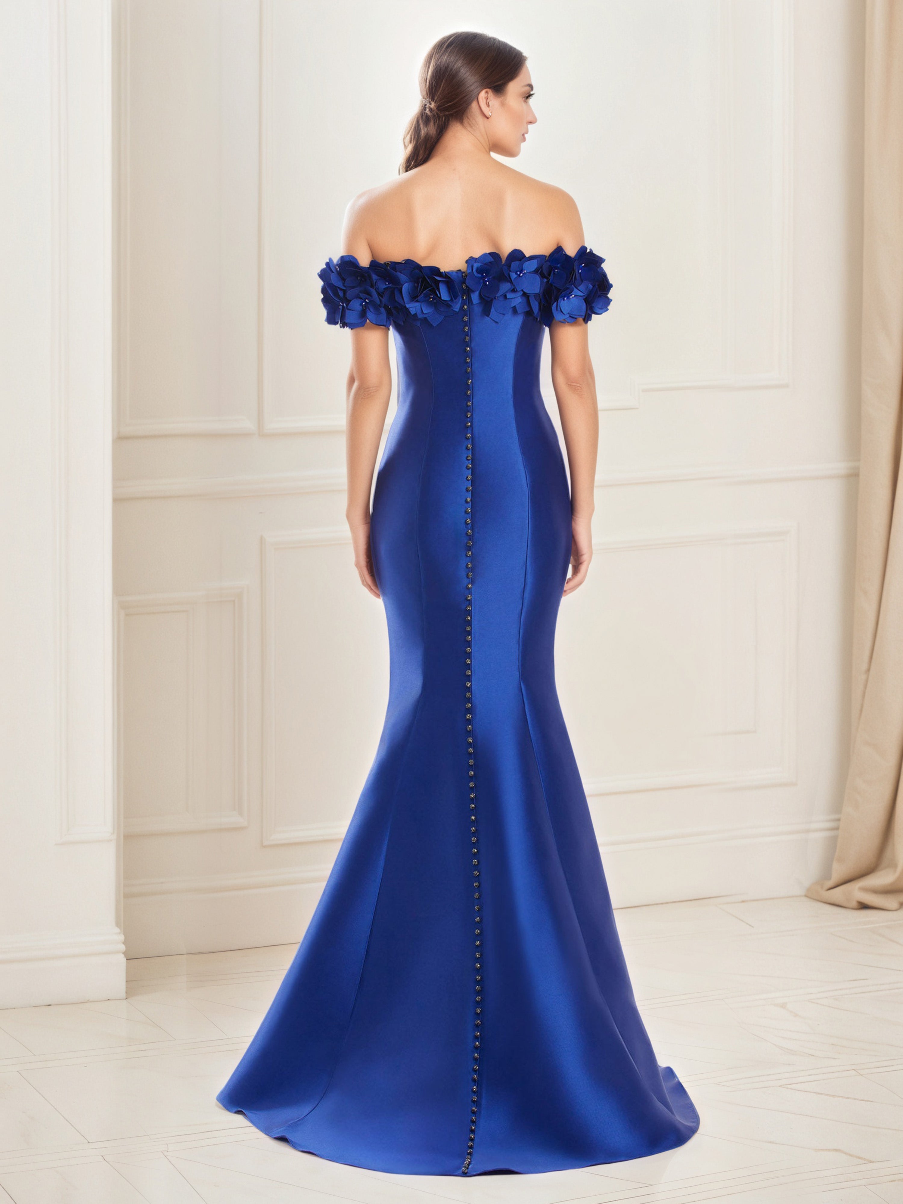 Royal Blue Prom Dresses Strapless Long Off Shoulder Prom Dress with Floral Accent