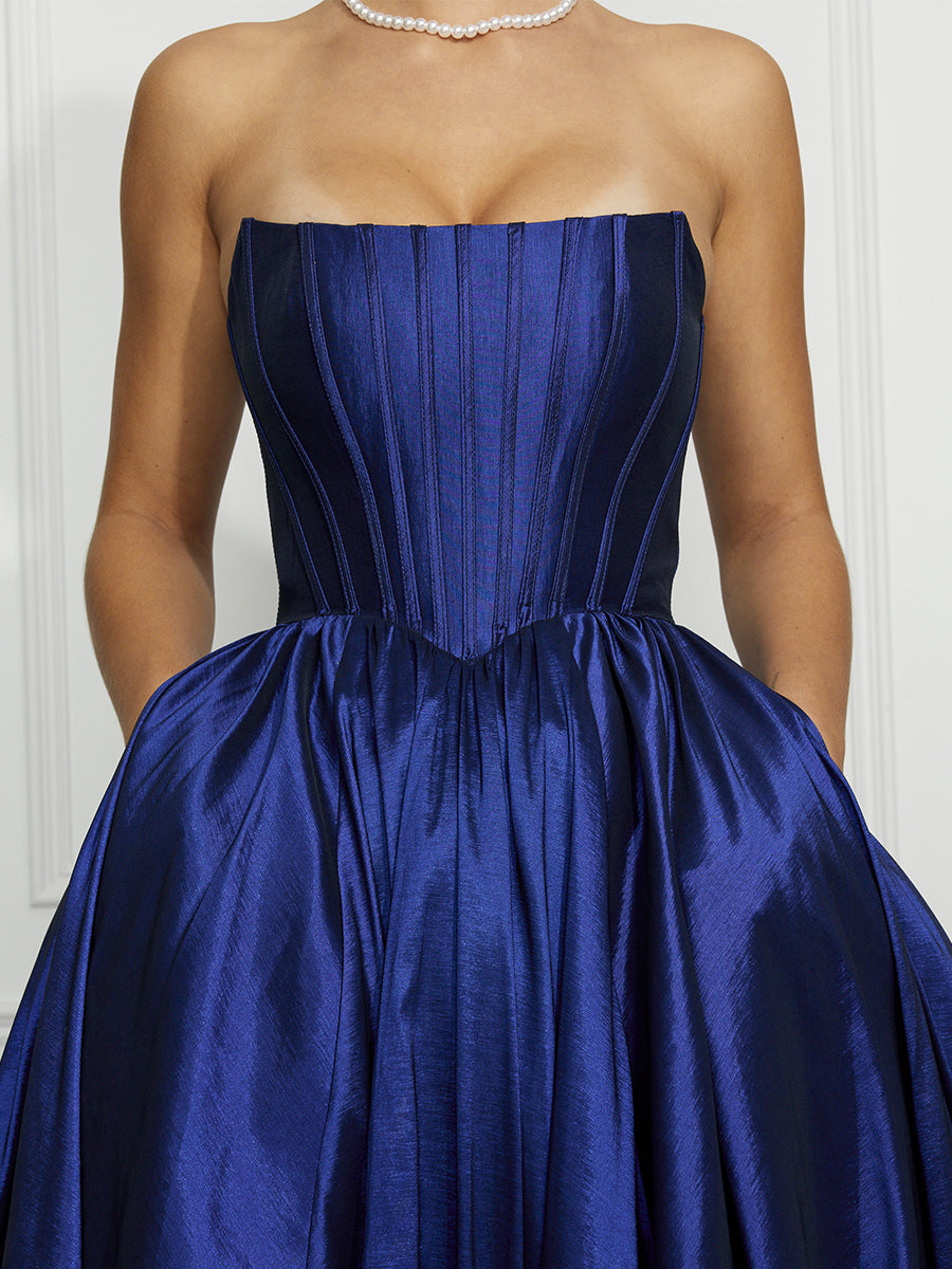 Cicinia Royal Blue Prom Dresses Taffeta with Pockets Strapless A-Line Long Evening Gown
