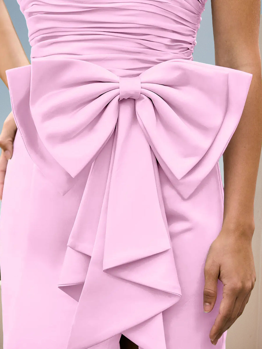 Cicinia Candy Pink Prom Dresses Stretch Fabric Bowknot Sheath Slit Strapless Evening Gowns