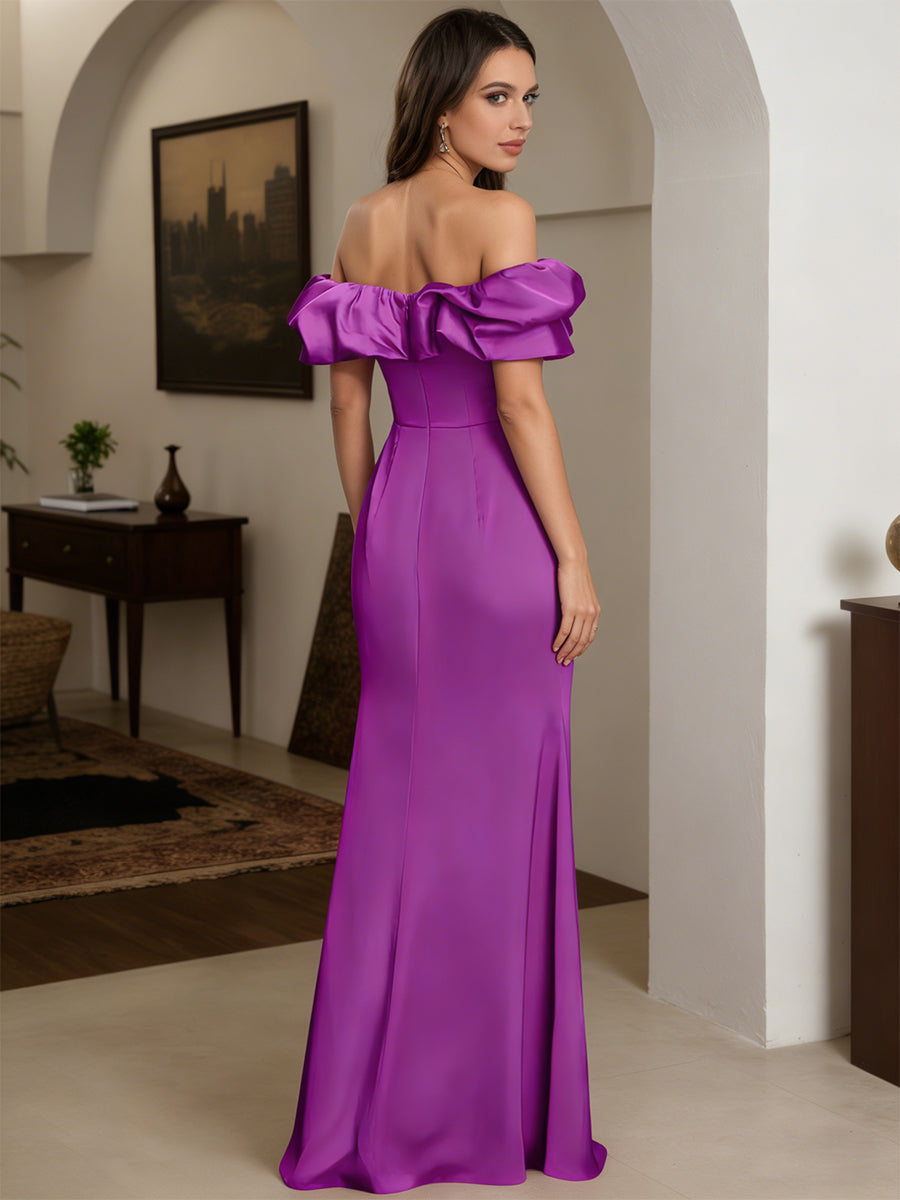 Cicinia Purple Prom Dresses Stretch Satin Sheath Ruffle Neckline Off The Shoulder Floor Length