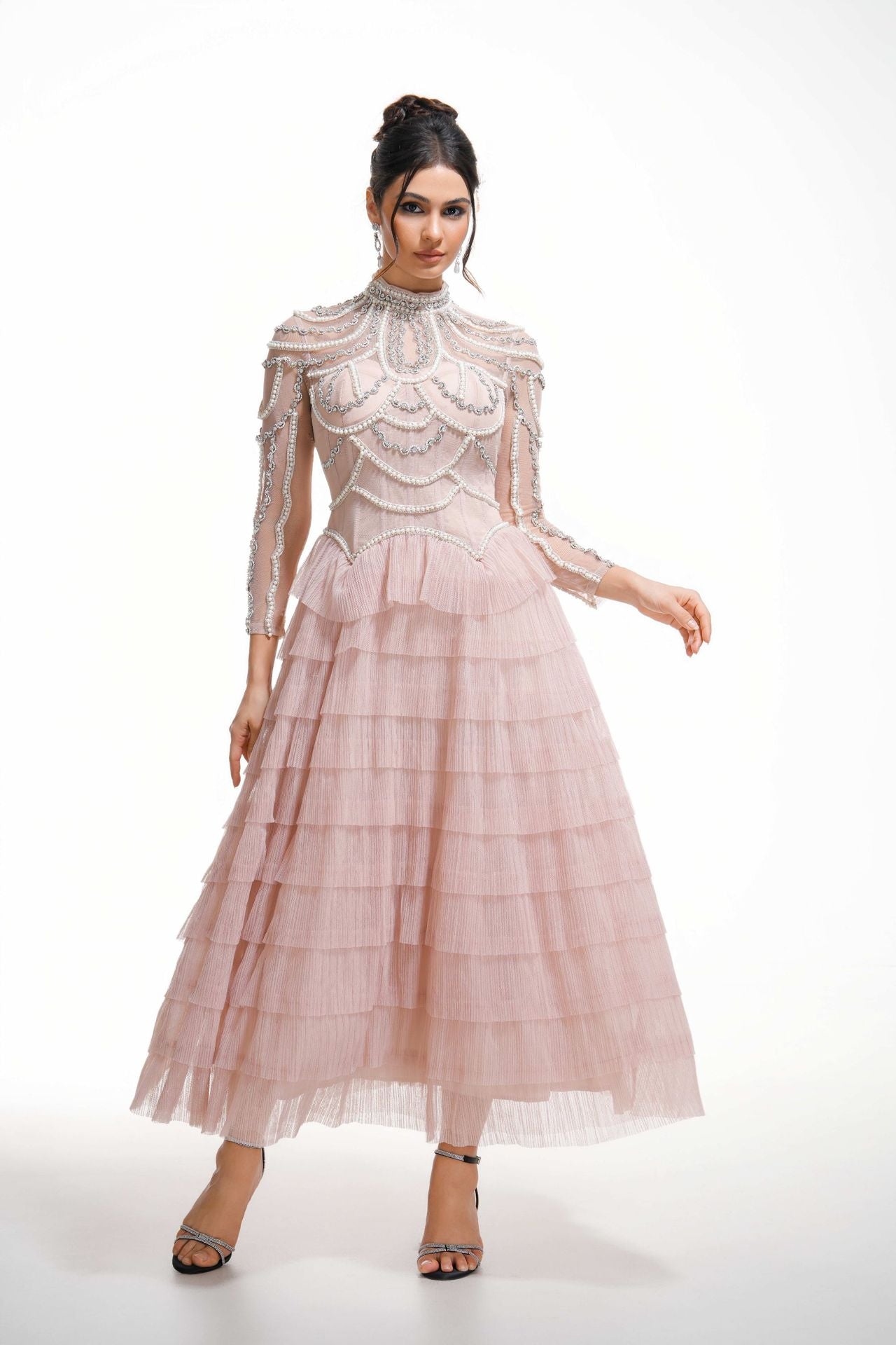 Luxurious A Line Evening Dress Beaded Pink Long Sleeves Prom Dress