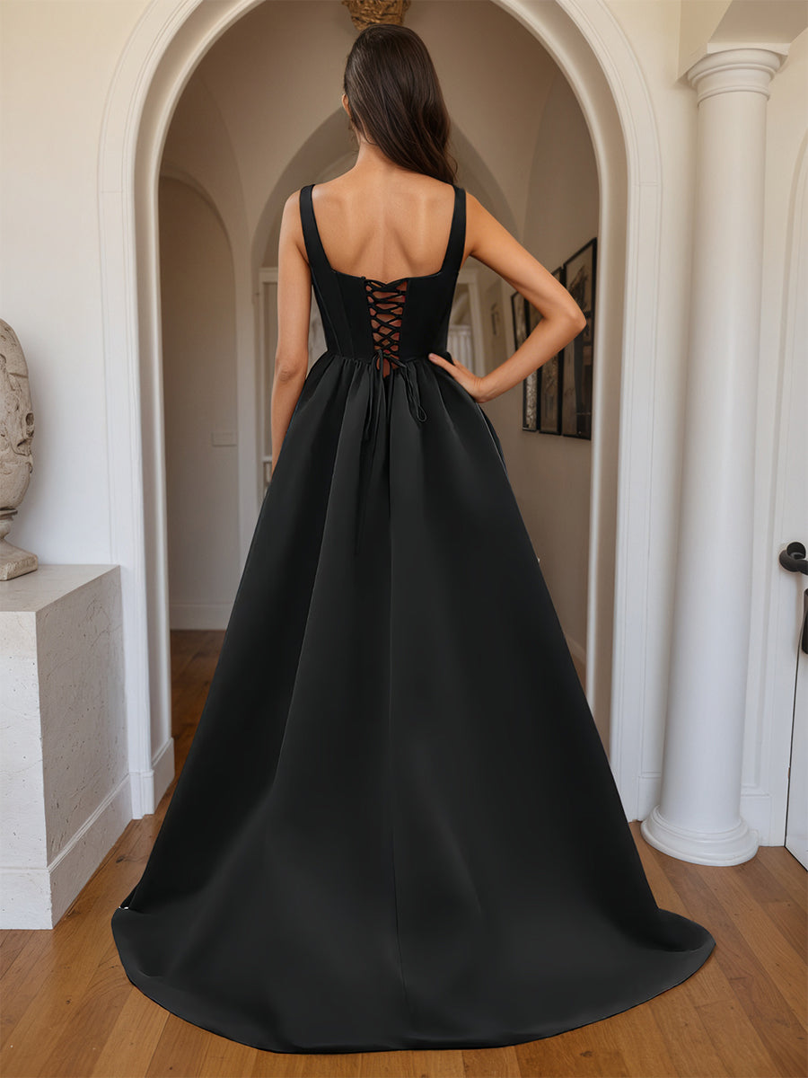 Cicinia Black Prom Dresses Satin A-Line with Square Neckline Split Party Gowns