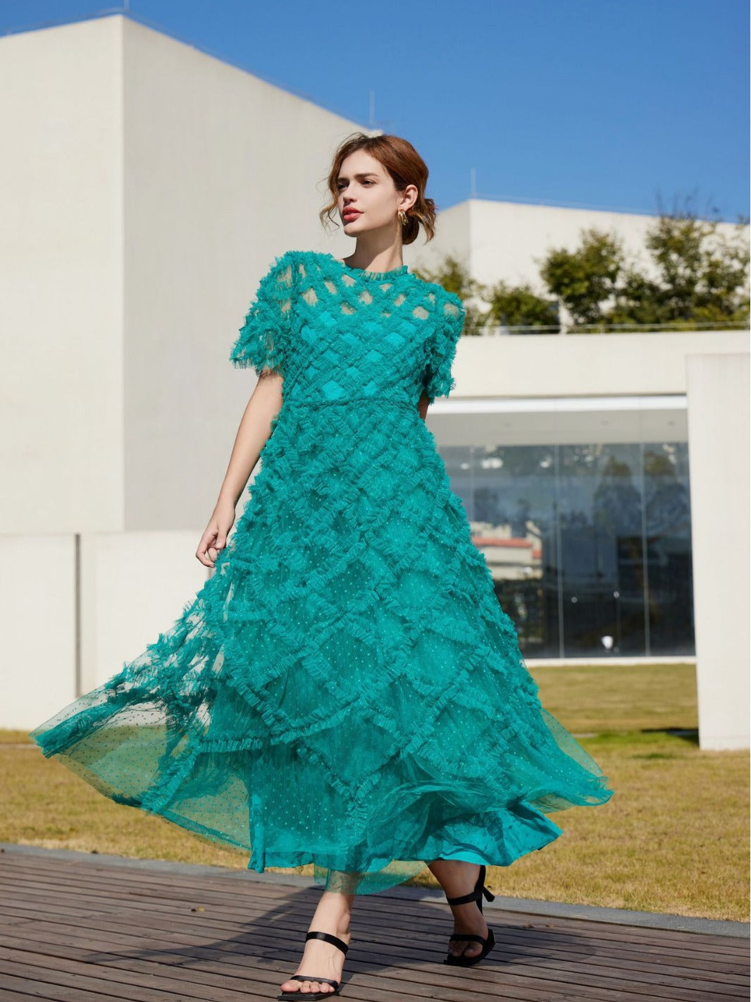 Peacock Round Neck Short Sleeve Polka Dot Tulle Maxi Prom Dress
