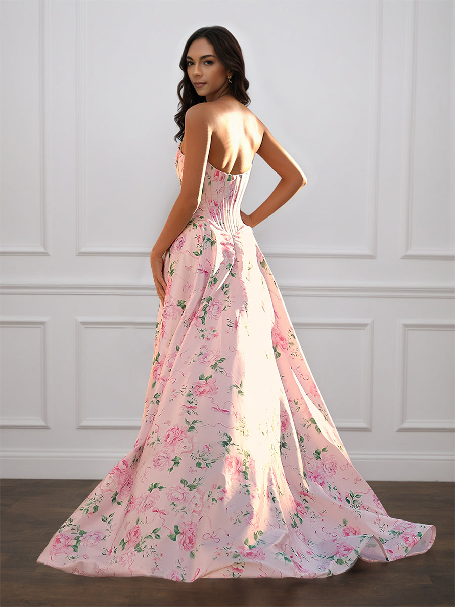 Cicinia Blushing Pink Prom Dress Floral Printed Fabric Strapless A-Line Slit Evening Gowns