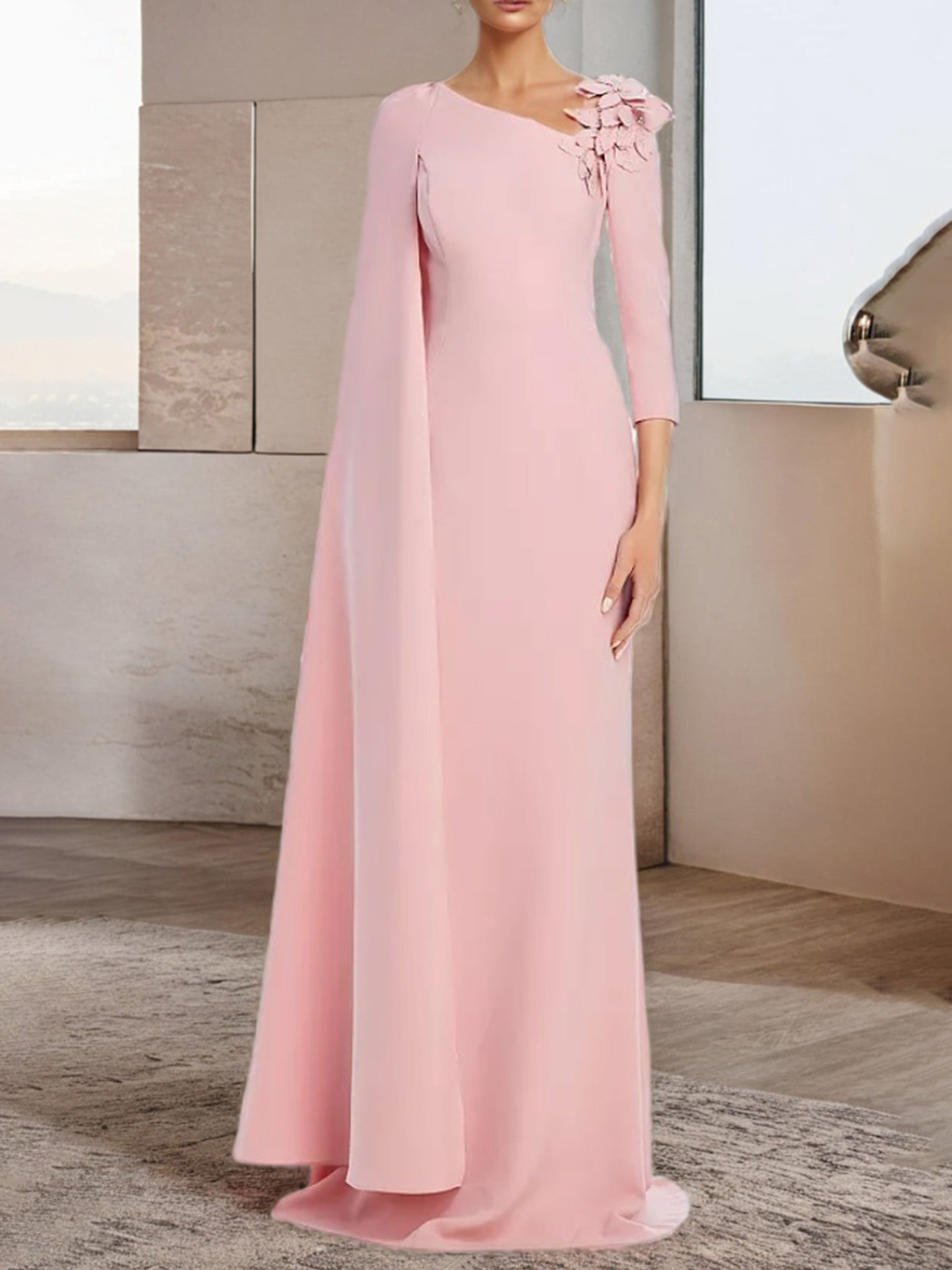 Blush Prom Sheath/Column Elegant 3/4 Length Sleeves Pink Long Prom Dress