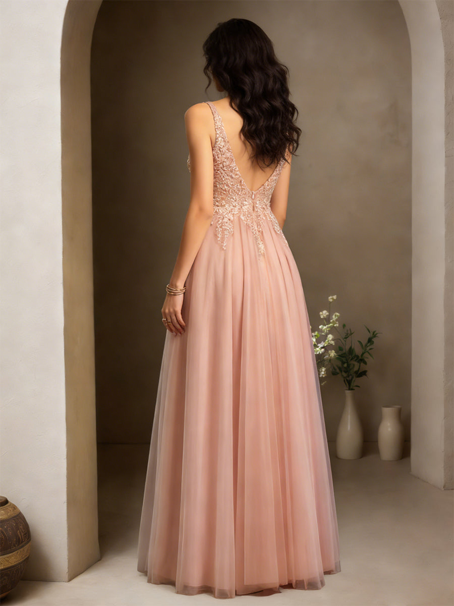 Cicinia Dusty Rose Prom Dresses Tulle Appliques Lace A-Line Floor Length Backless Evening Gown