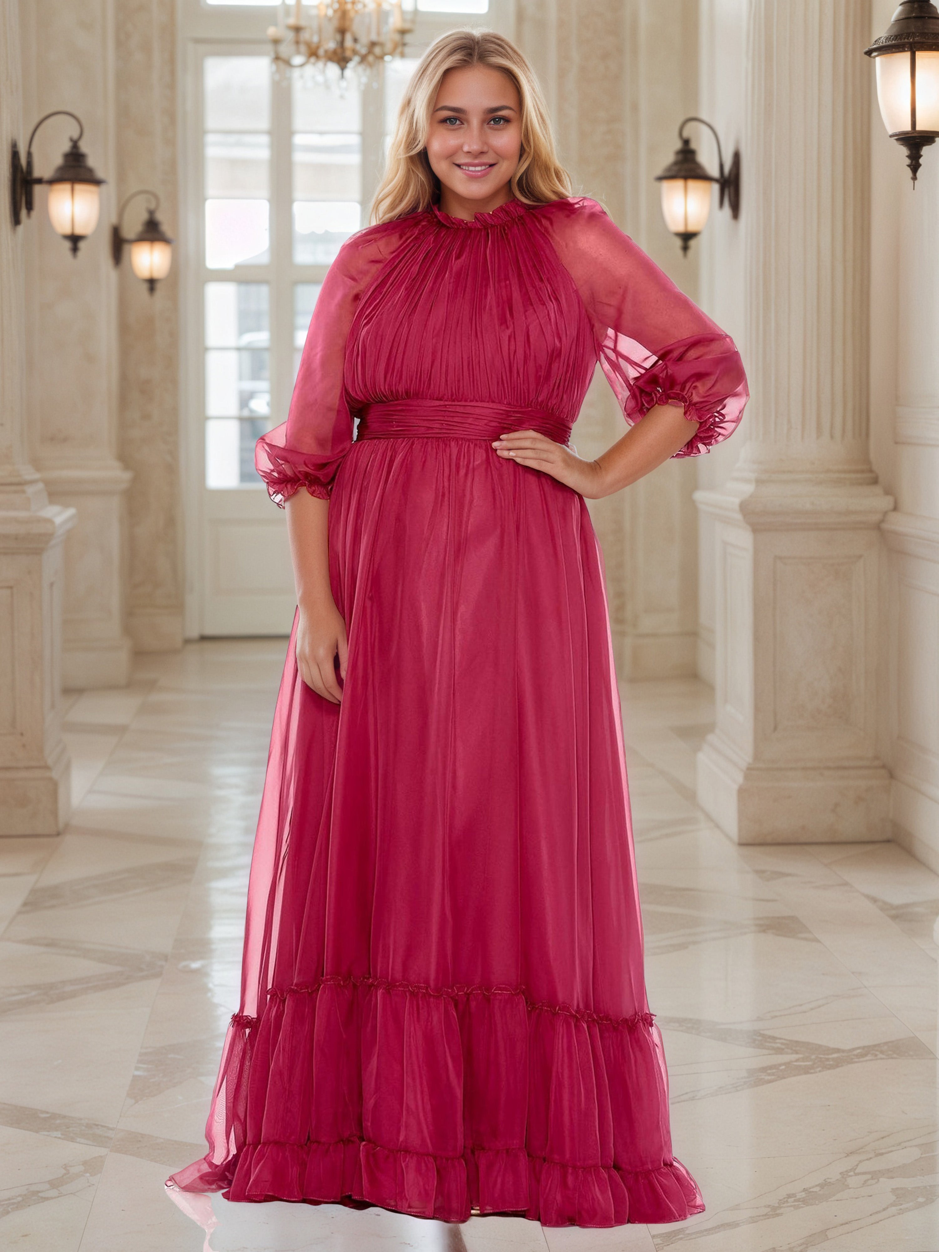 Illusion Long Sleeves Ruffle Jewel Fuchsia Prom Dress Pleats A-Line Plus Size Dress