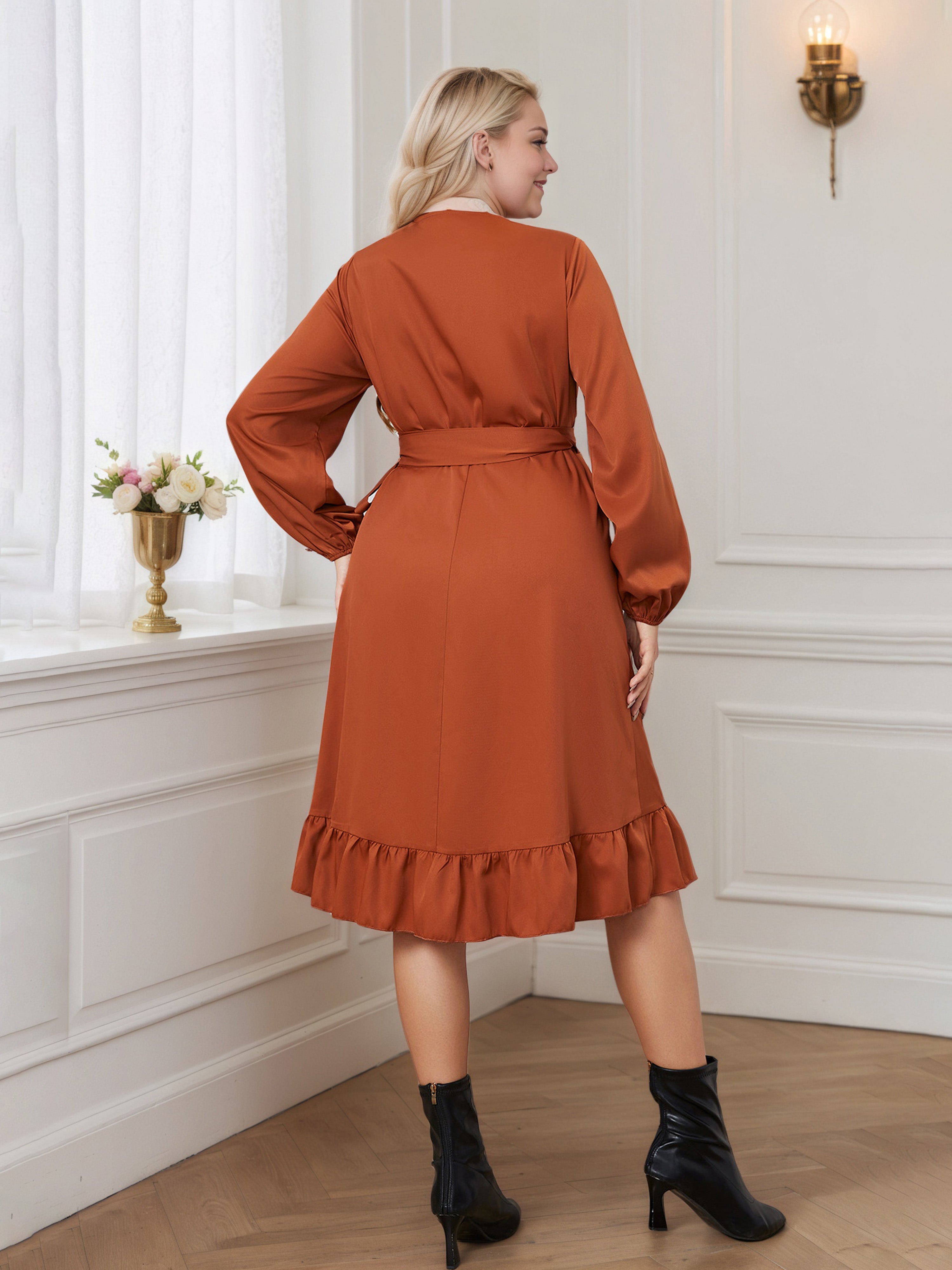 Burnt Orange V-Neck Ruffle Hem Plus Size Dress with Belt