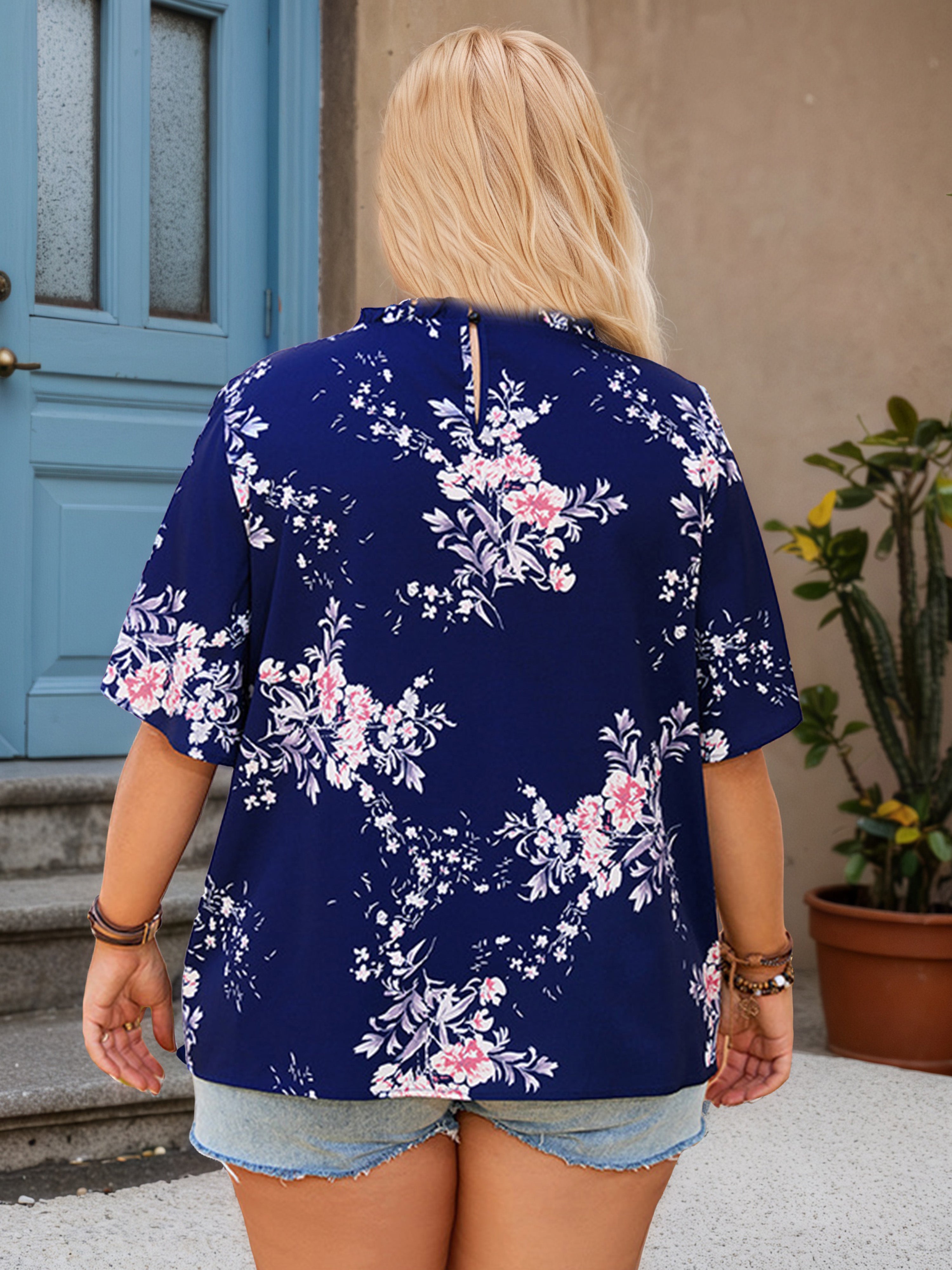 Plus Printed Flower Jewel Blouse