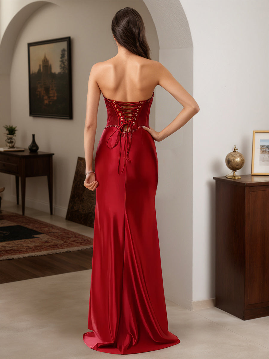 Cicinia Red Prom Dresses Sheath Beading Sweetheart Strapless Slit Party Gown