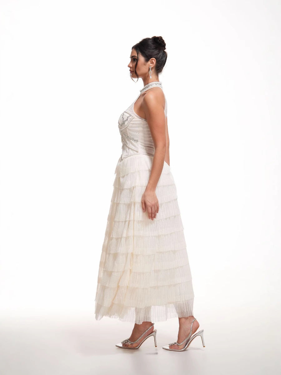 Halter Sleeveless Back Zip Apricot Layers Beading Long Prom Dress