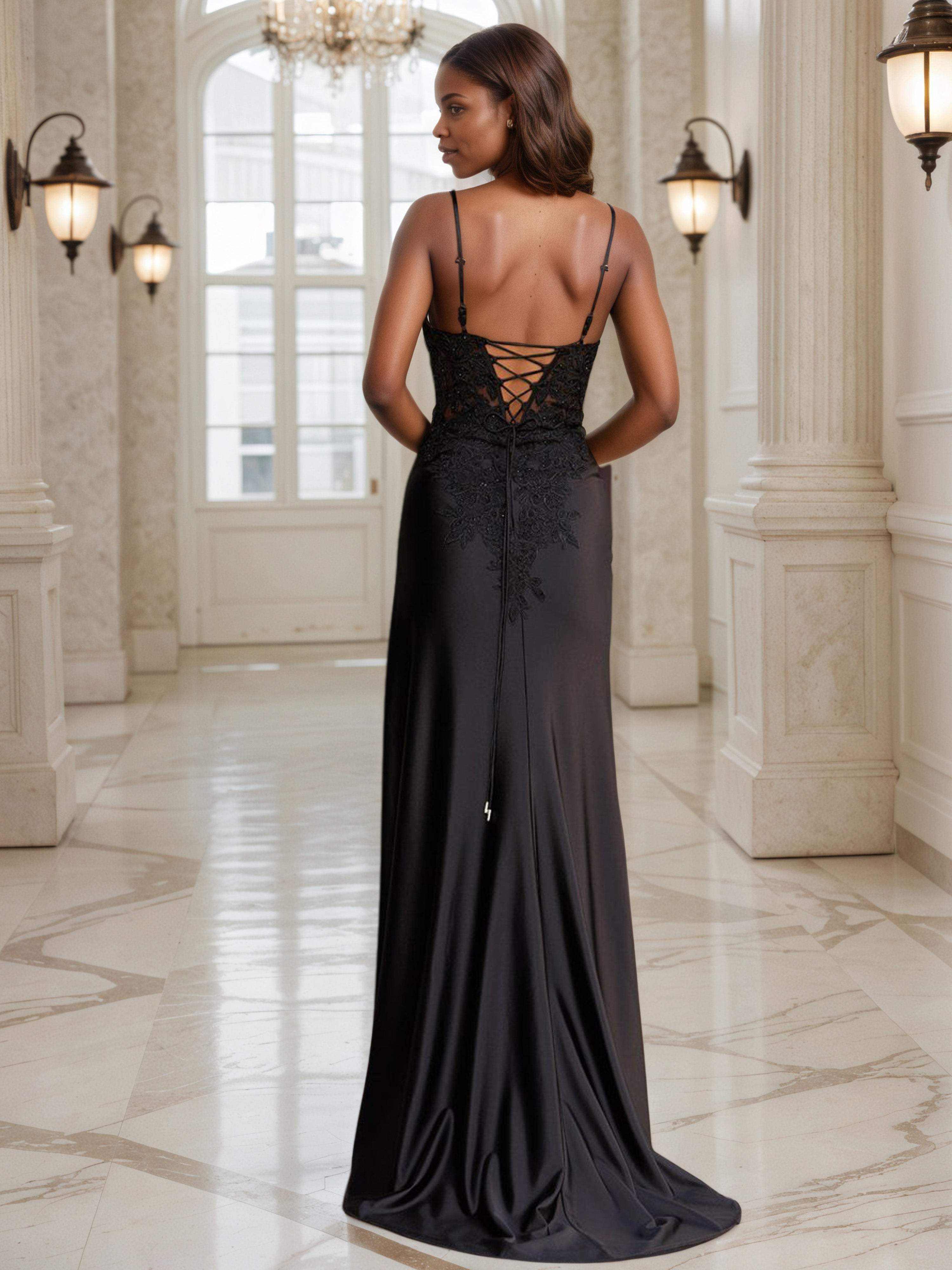 Formal Prom Black Sheath/Column Satin Bodycon Spaghetti Straps Prom Dress