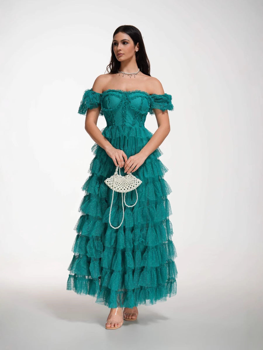 Sweet Polka Dot Ball Gown Off The Shoulder Green Long Prom Dress