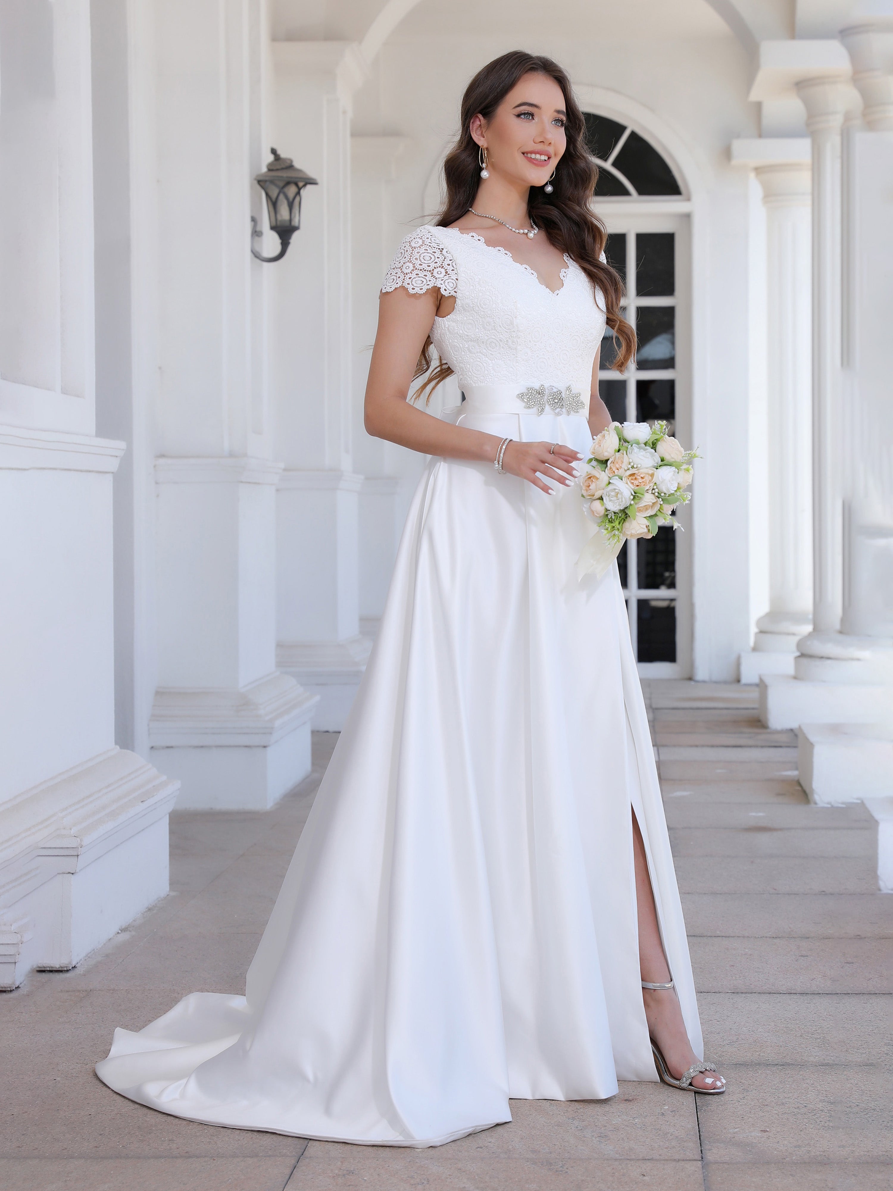 Sweep/Brush Train A Line Short Sleeves Lace Satin Wedding Dress With Beading