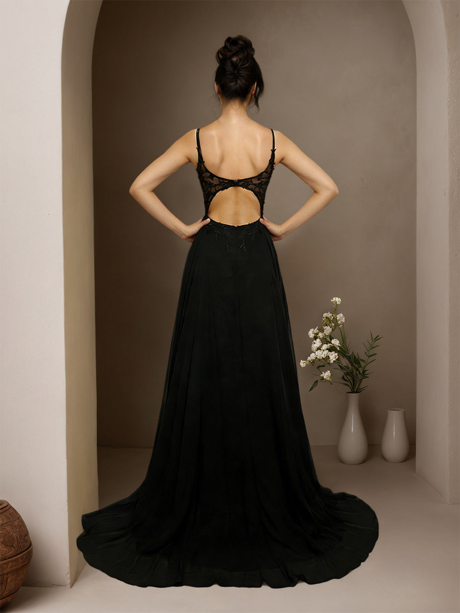 Cicinia Black Prom Dresses Chiffon Appliques Lace A-Line Spaghetti Straps Sweep Train Party Dress