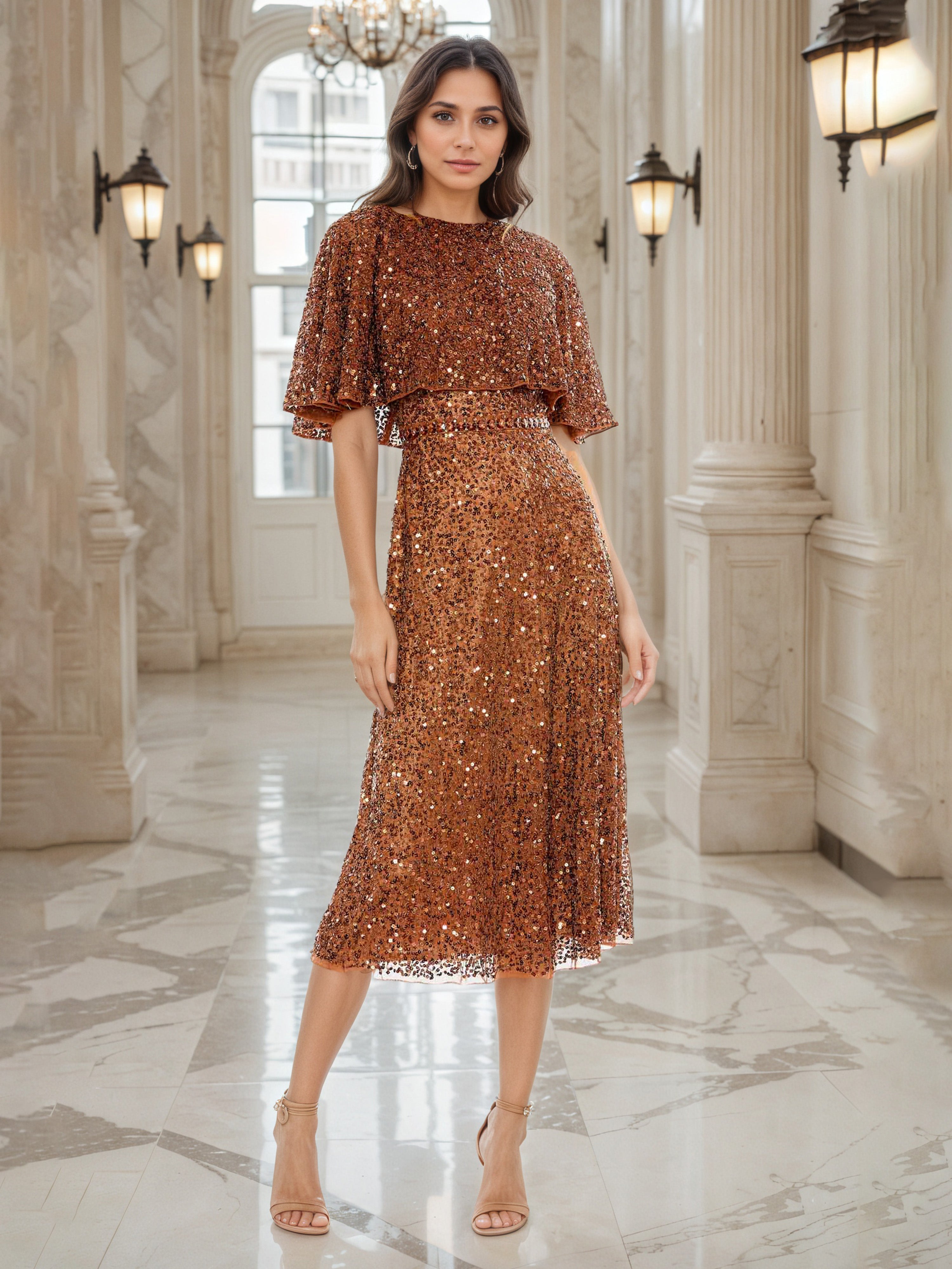 Jewel A-Line Waistline Embellished Terracotta Sequined Prom Dress with Sleeves Jewel A-Line Waistline Embellished Terracotta Sequined Prom Dress with Sleeves