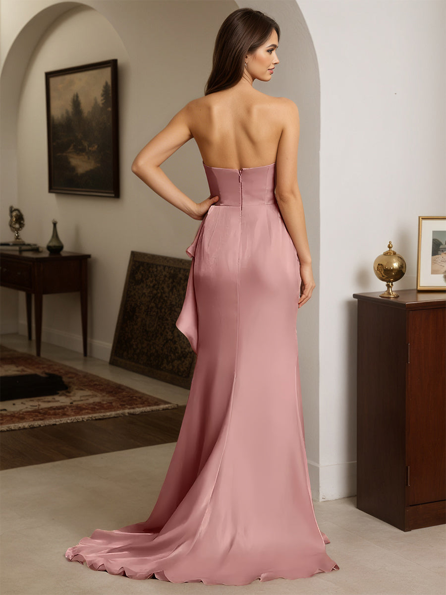 Cicinia Cameo Brown Prom Dresses Strapless Sheath Slit Party Dress with Sweep Train